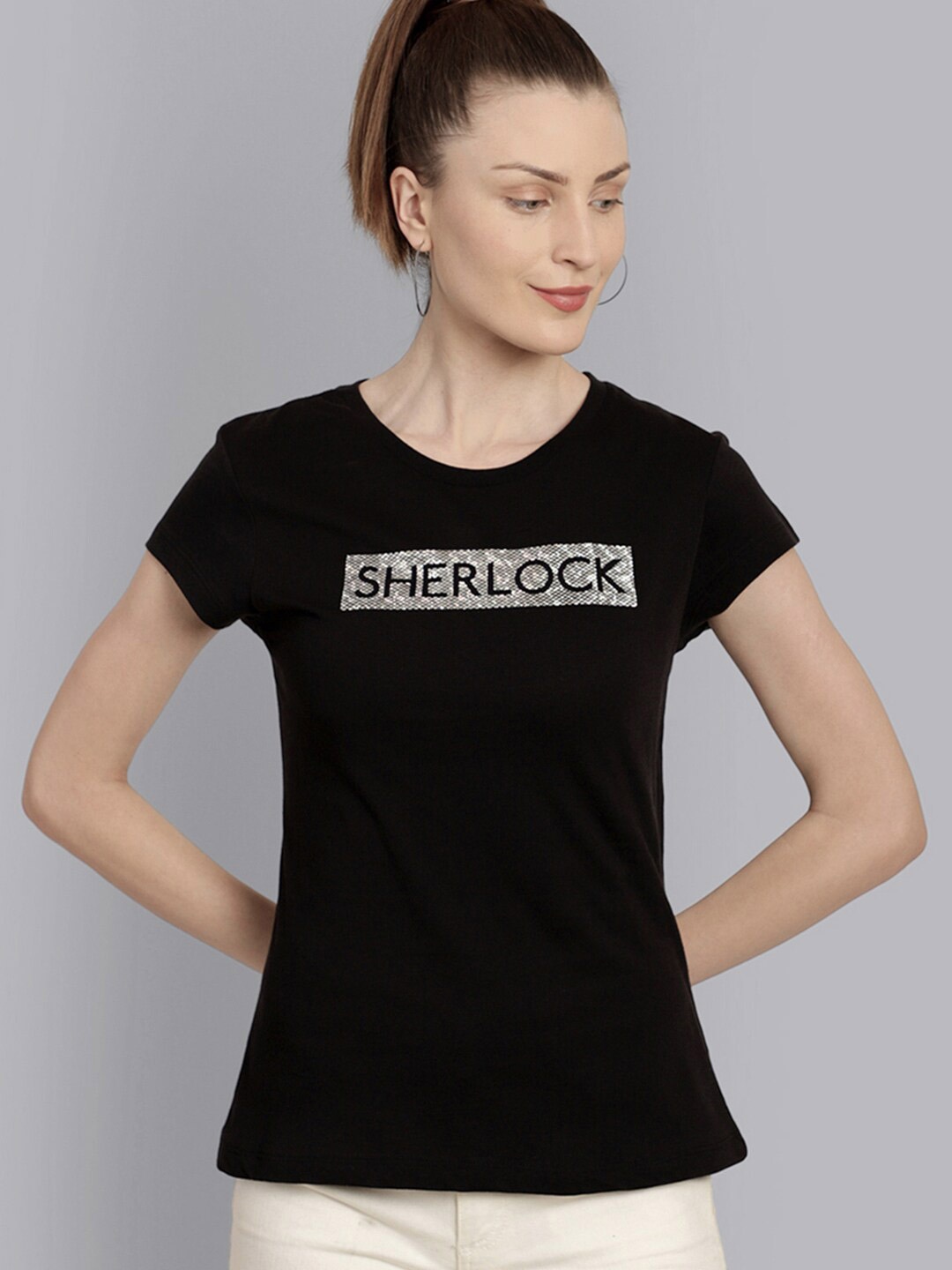 

Free Authority Women Black Sherlock Featured Shortsleev T-shirt