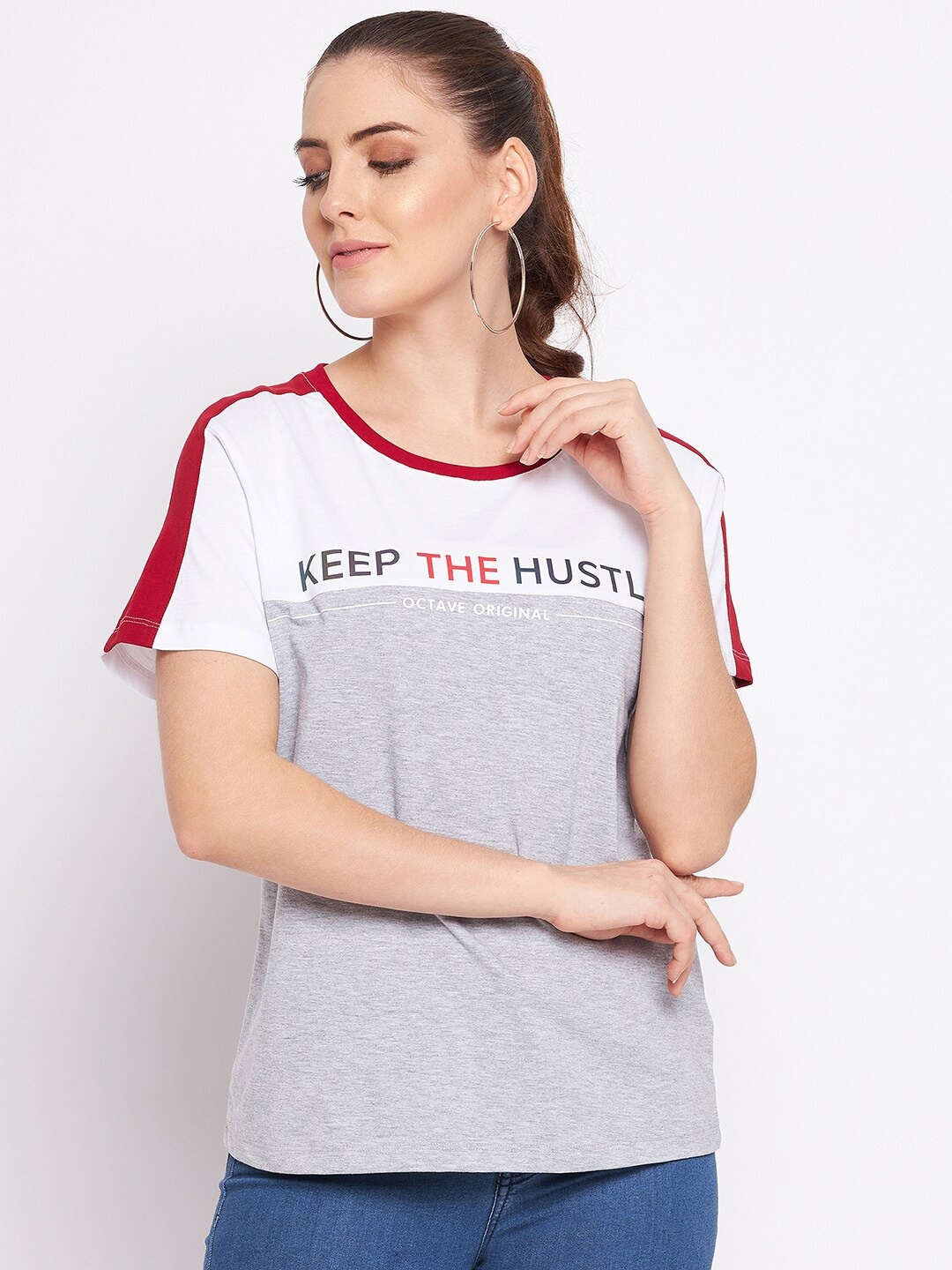 

Octave Women Grey Typography Printed Applique T-shirt