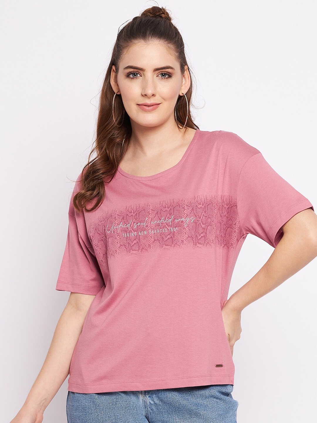 

Octave Women Pink Typography Printed Extended Sleeves T-shirt