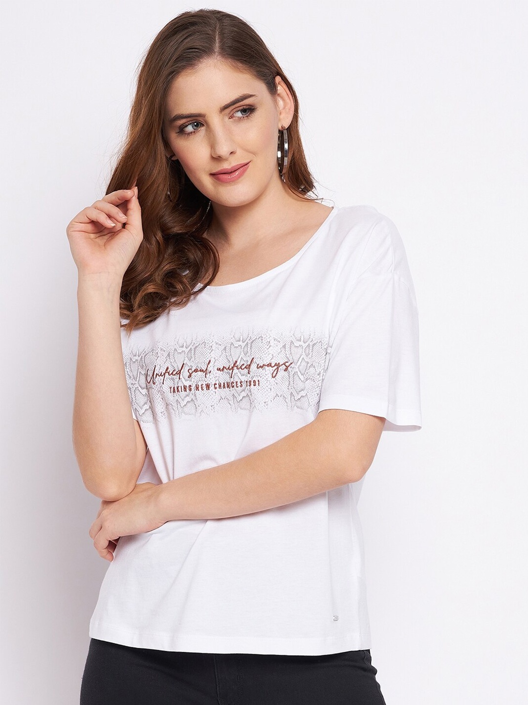 

Octave Women White Typography Printed Extended Sleeves T-shirt