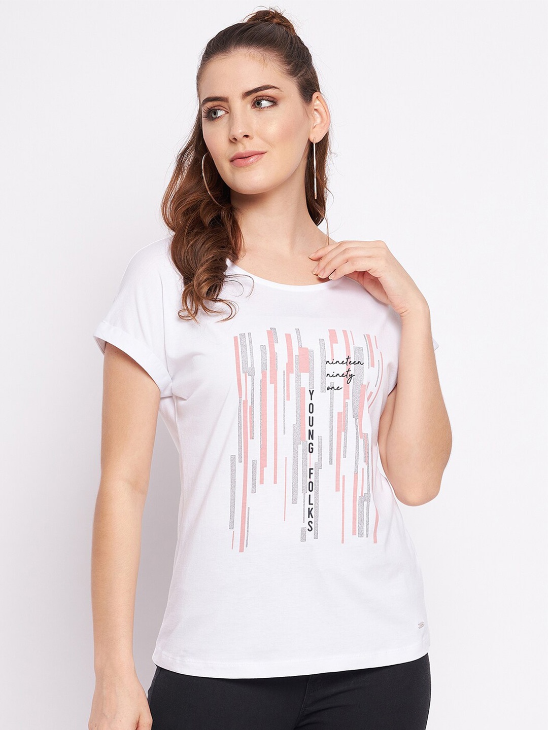 Octave Women White Typography Printed Extended Sleeves T-shirt