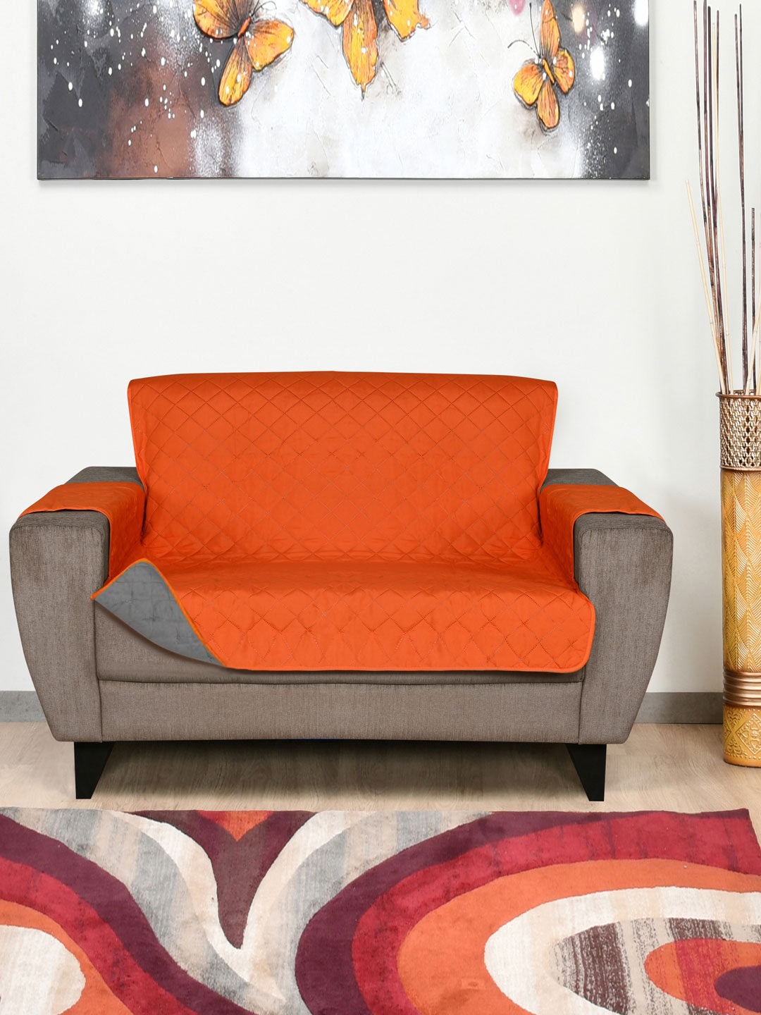 

Athome by Nilkamal Quilted Detail Reversible 2-Seater Sofa Cover, Orange