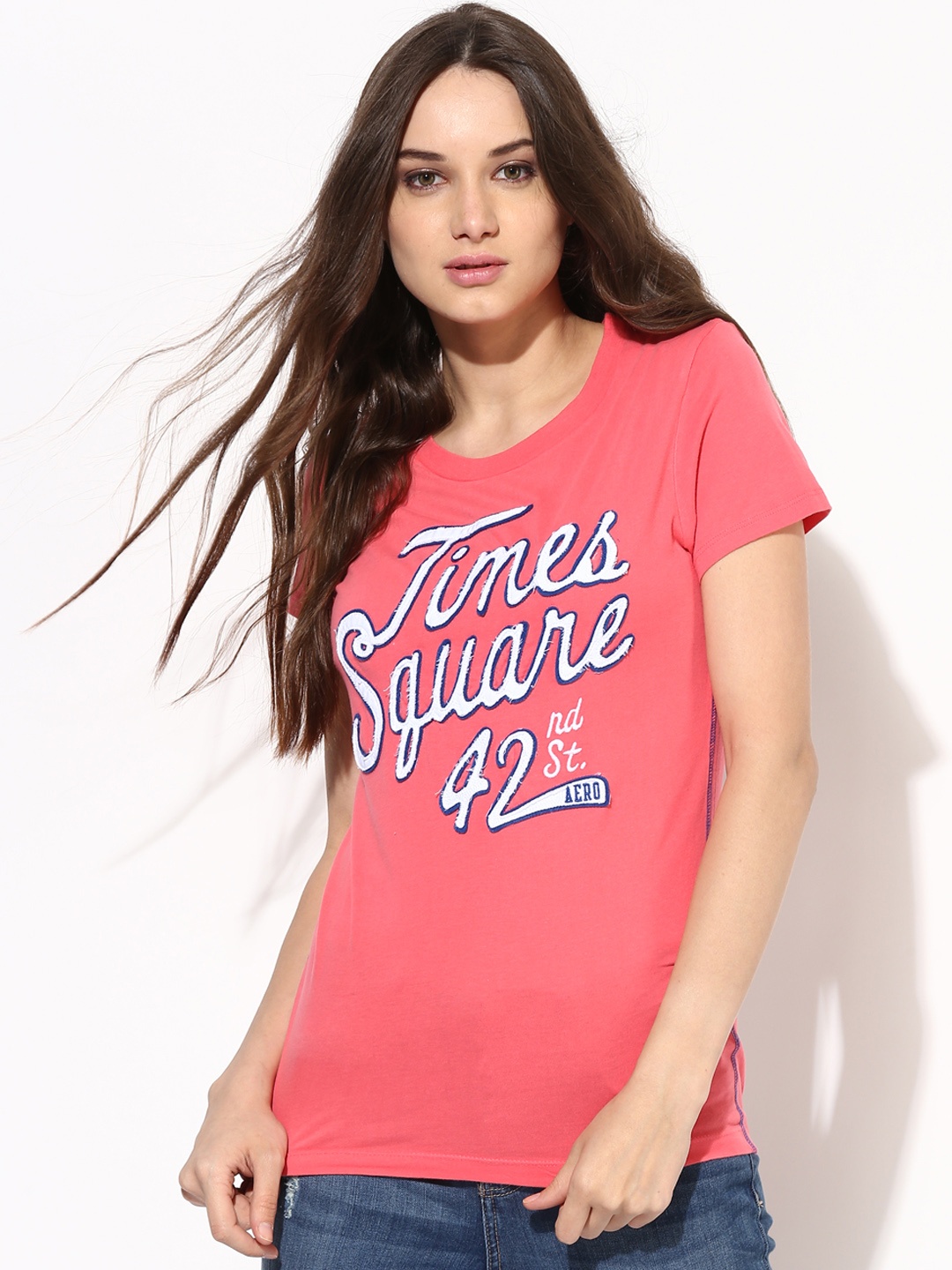 

Aeropostale Women Coral Pink Round Neck T-shirt with Applique