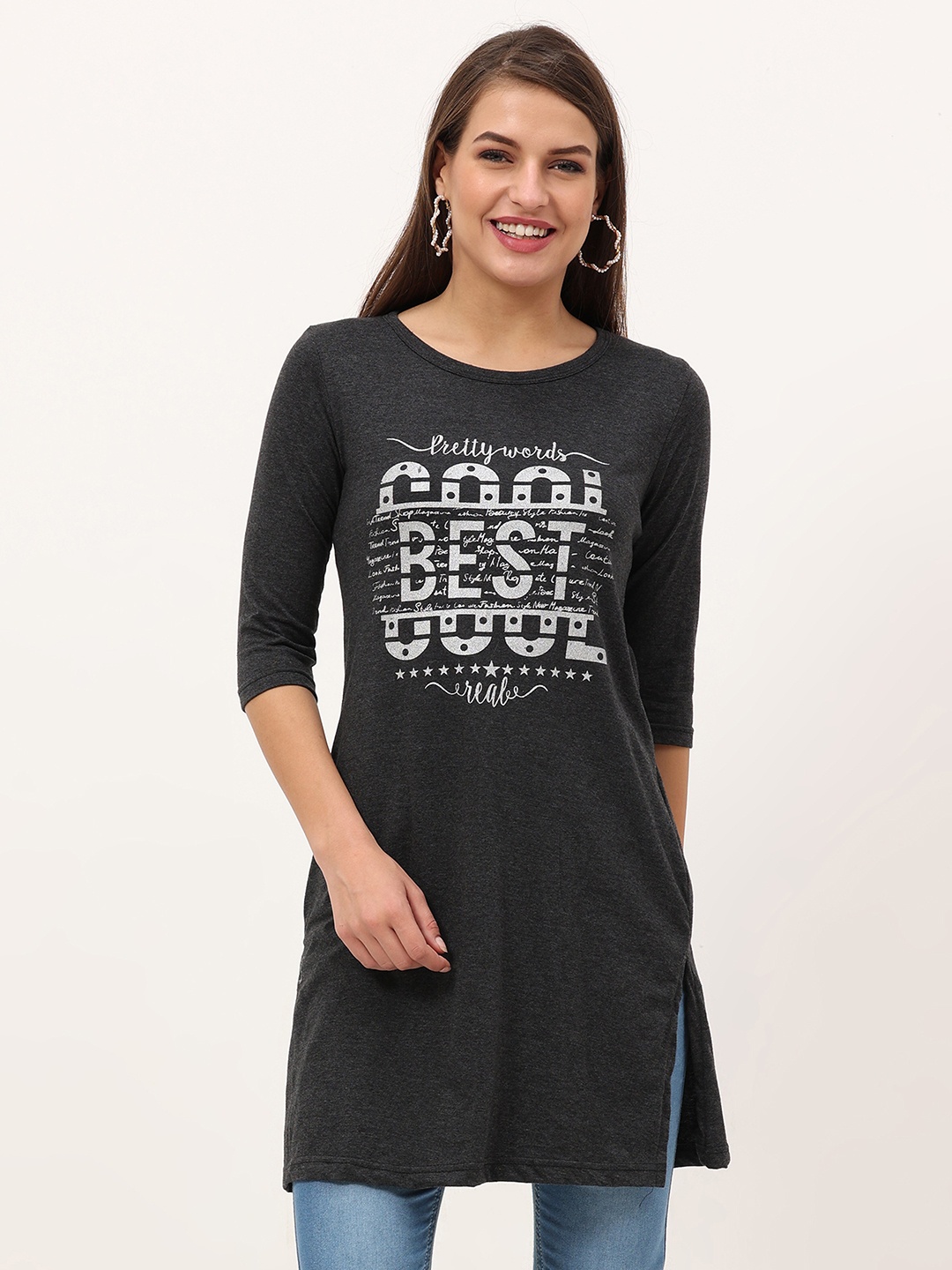 

Fleximaa Charcoal Print Longline Top