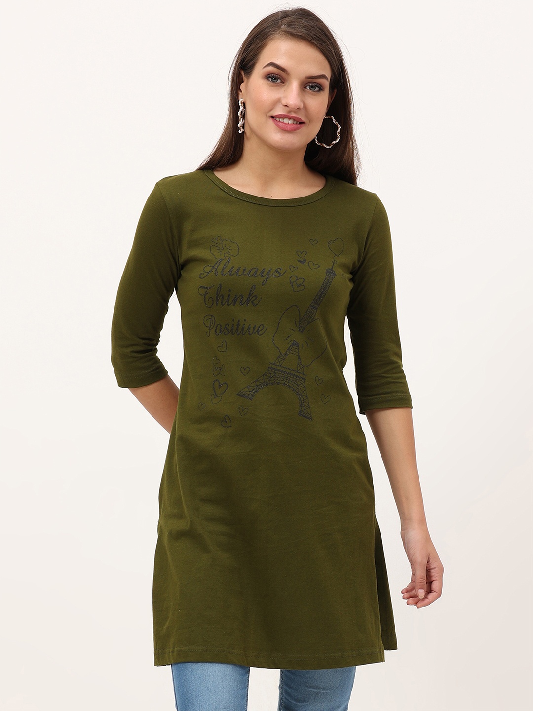 

Fleximaa Olive Green Printed Cotton Longline Top