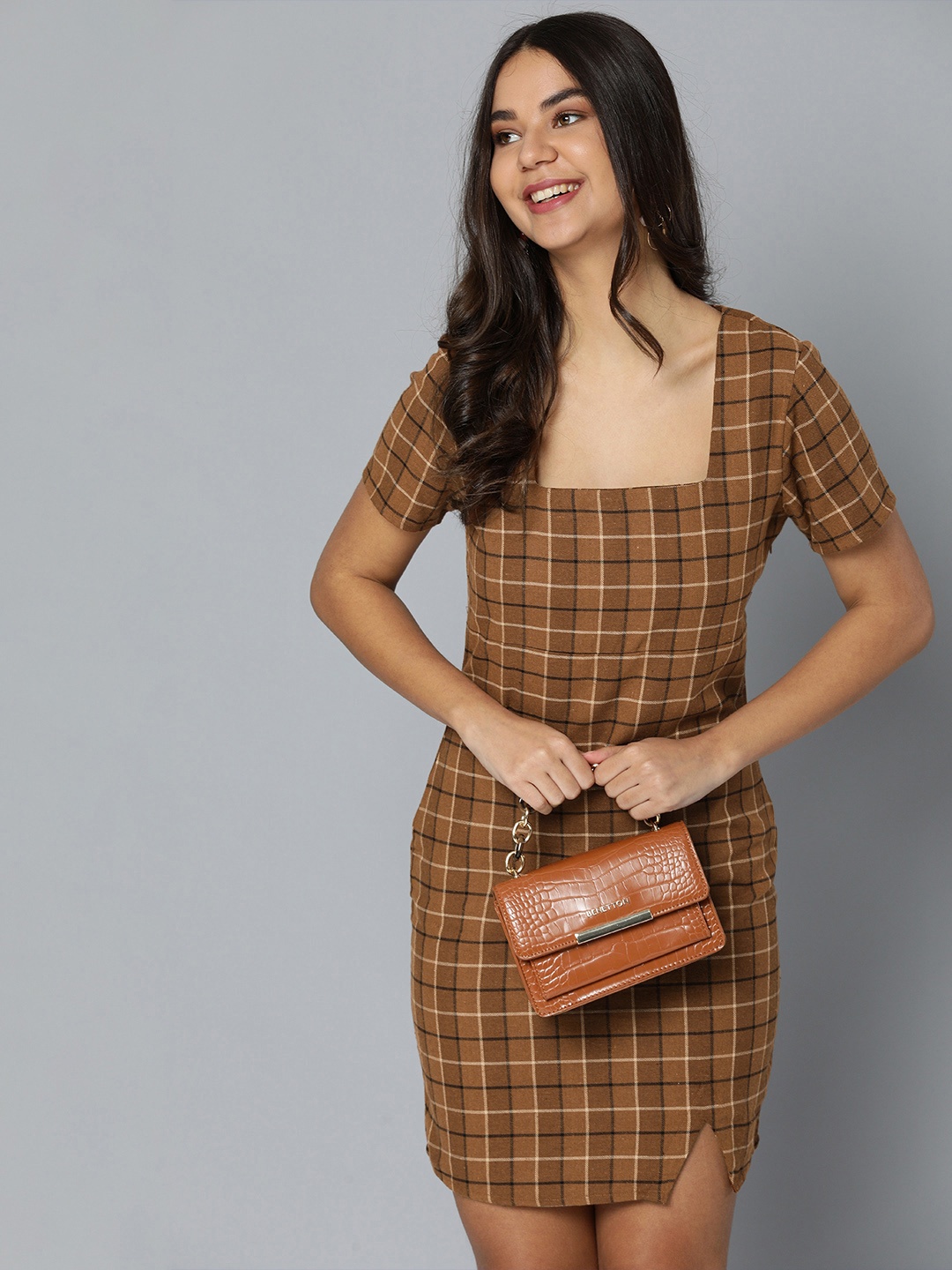 

HERE&NOW Women Brown & Black Checked Sheath Dress