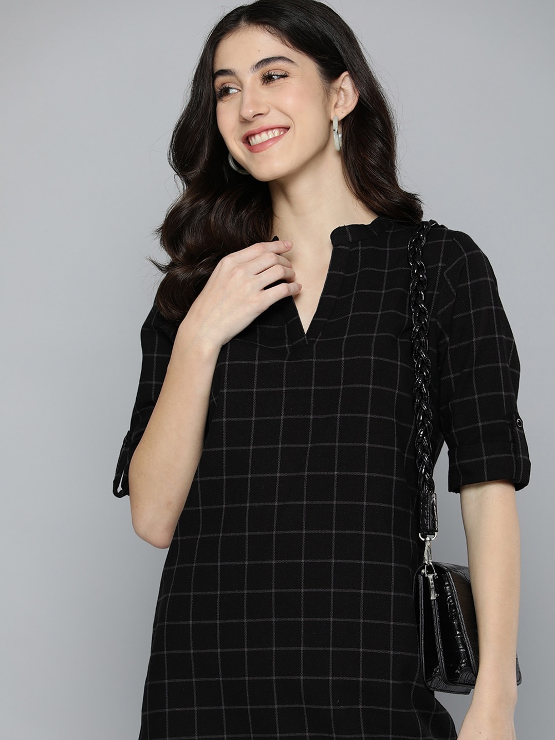 

HERE&NOW Women Black Windowpane Checked A-Line Dress