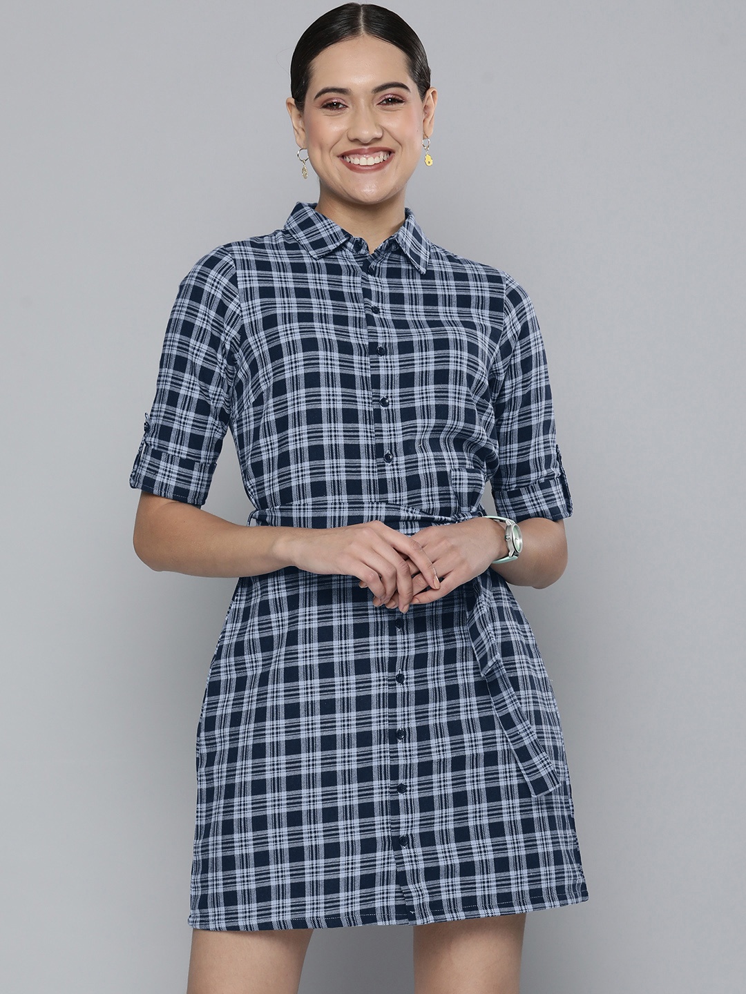 

HERE&NOW Women Blue Checked Shirt Dress With A Belt