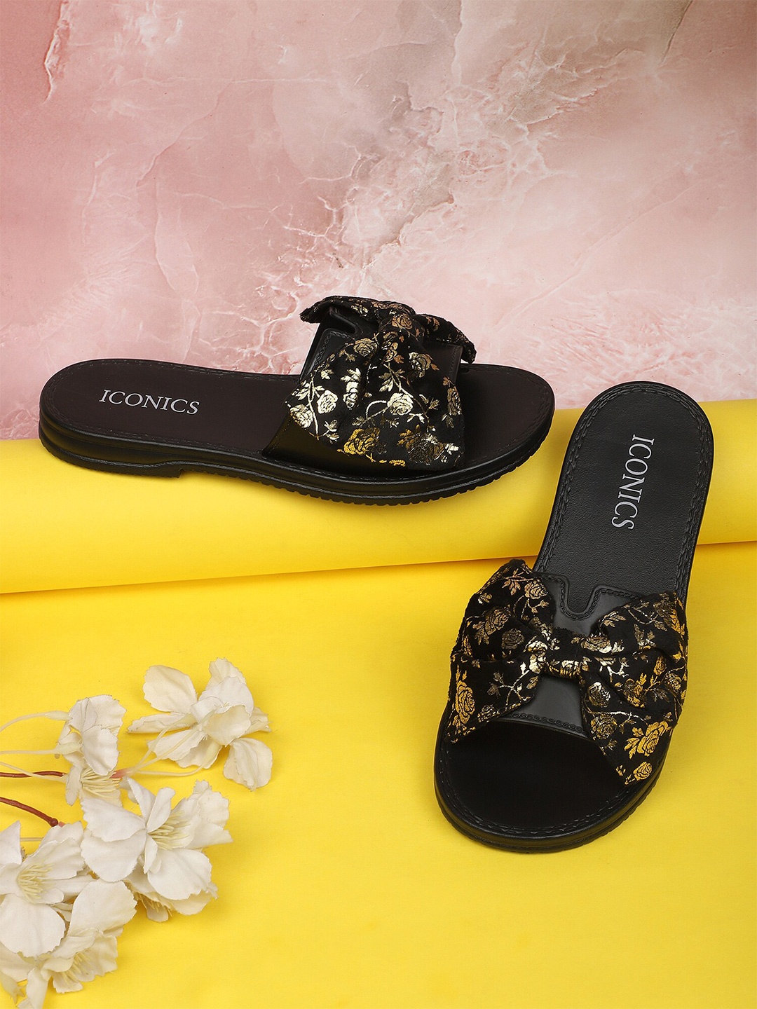 

ICONICS Women Black & Gold-Toned Printed Sliders