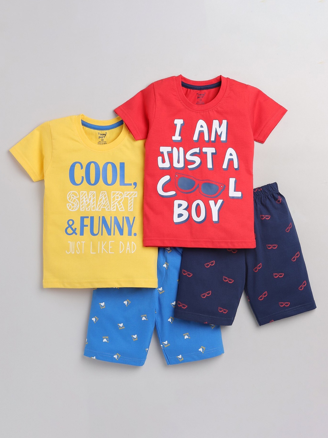 

Toonyport Boys Pack Of 2 Printed Pure Cotton T-shirt with Shorts, Red