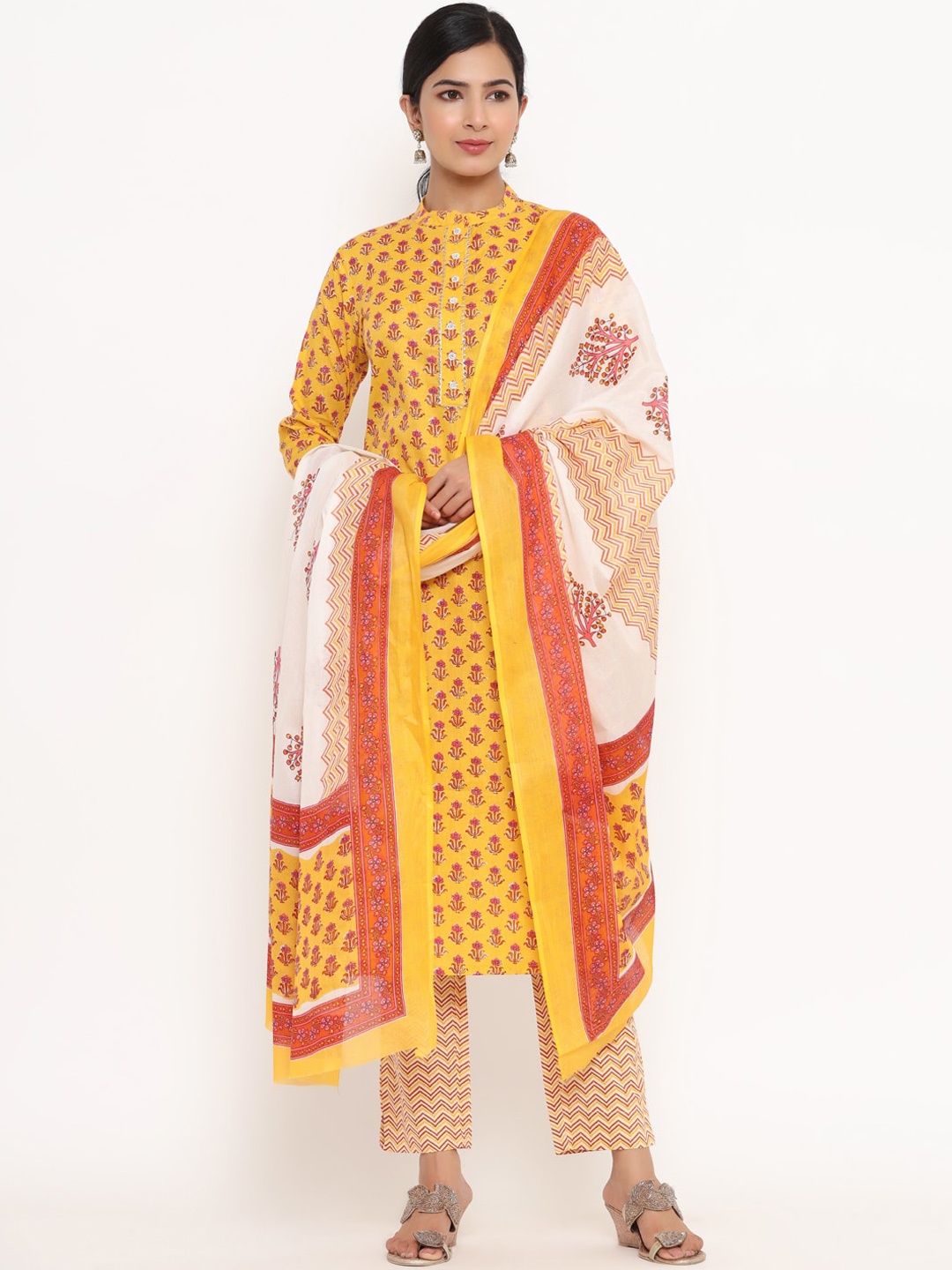 

Yufta Women Yellow Ethnic Motifs Printed Pleated Gotta Patti Pure Cotton Kurta with Trousers & With Dupatta