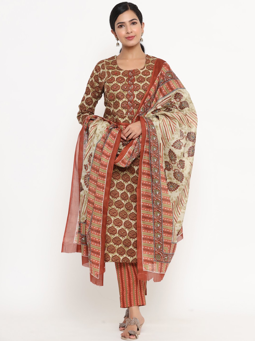 

Yufta Women Brown Printed Pure Cotton Kurta with Trousers & With Dupatta