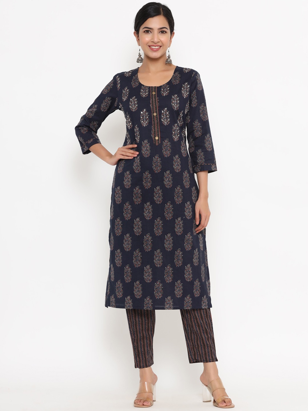 

Yufta Women Navy Blue Ethnic Motifs Printed Pure Cotton Kurti with Trousers