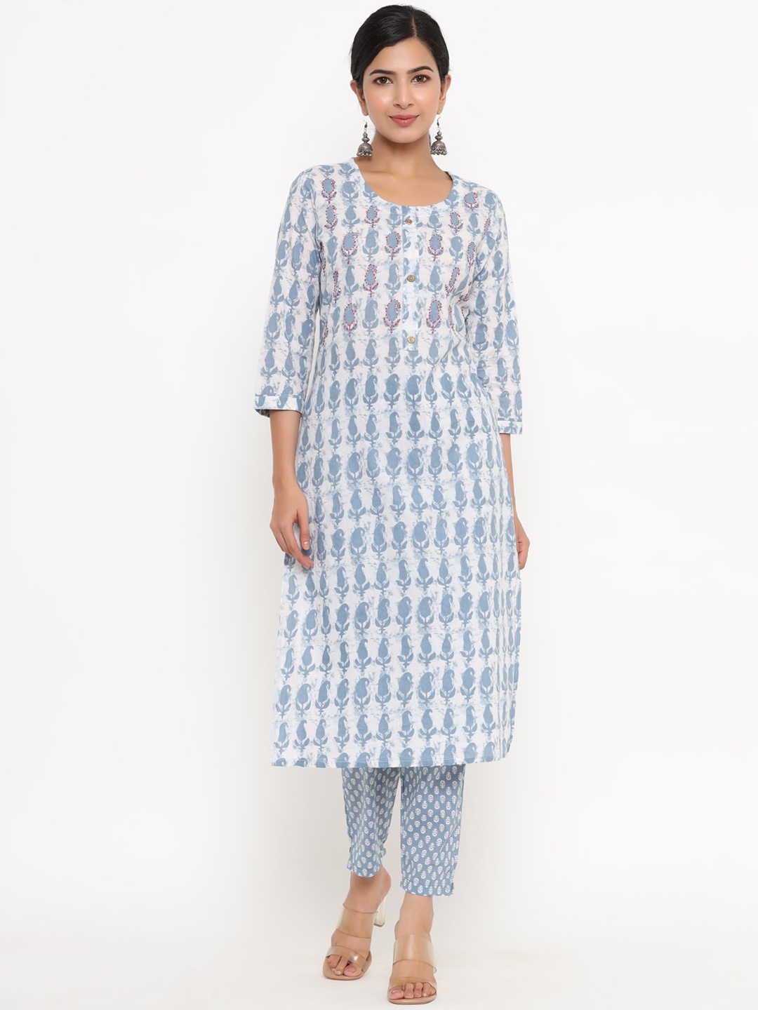 

Yufta Women Grey Ethnic Motifs Printed Panelled Pure Cotton Kurta with Trousers