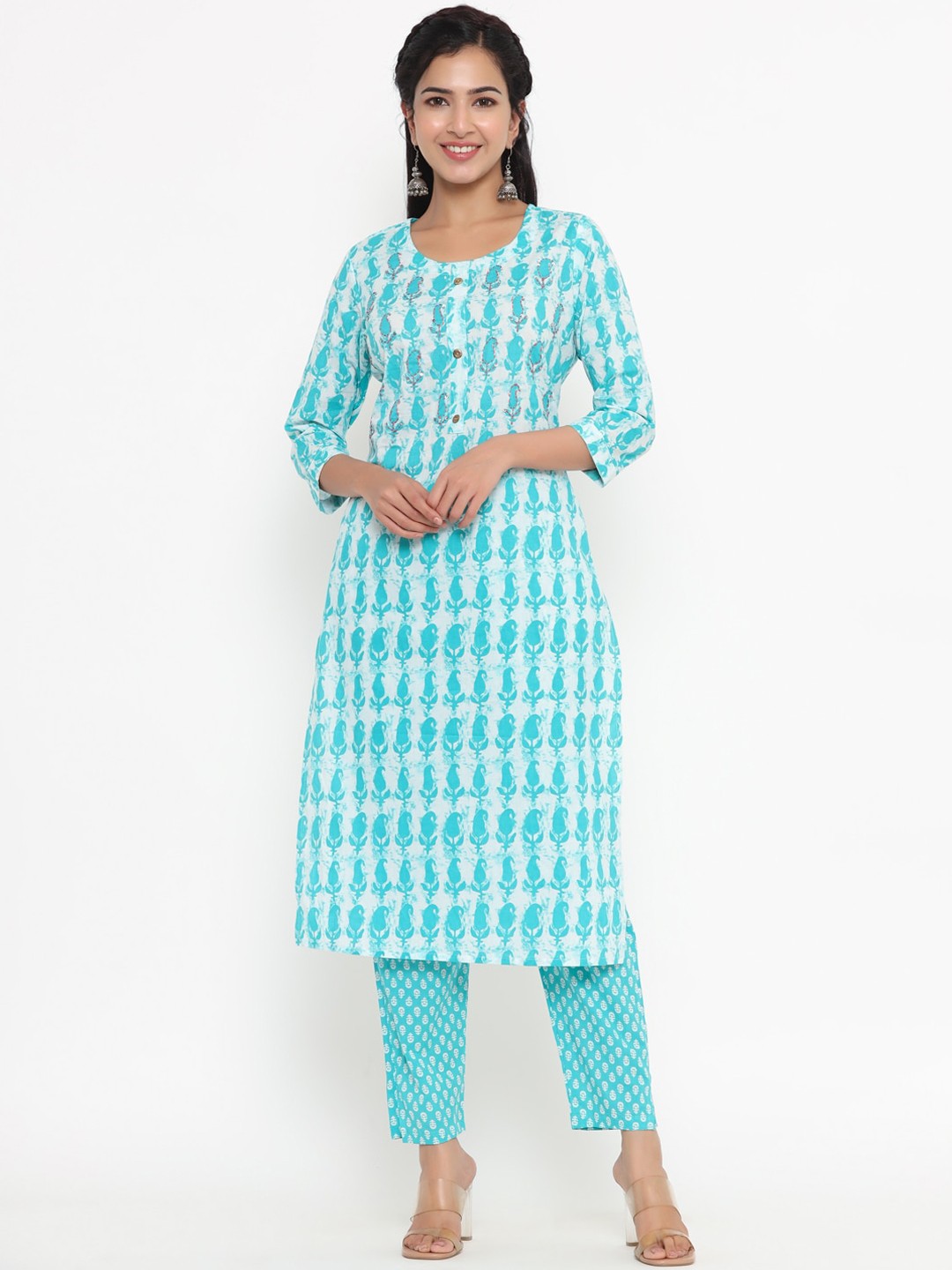 

Yufta Women Sea Green Paisley Printed Panelled Pure Cotton Kurta with Trousers