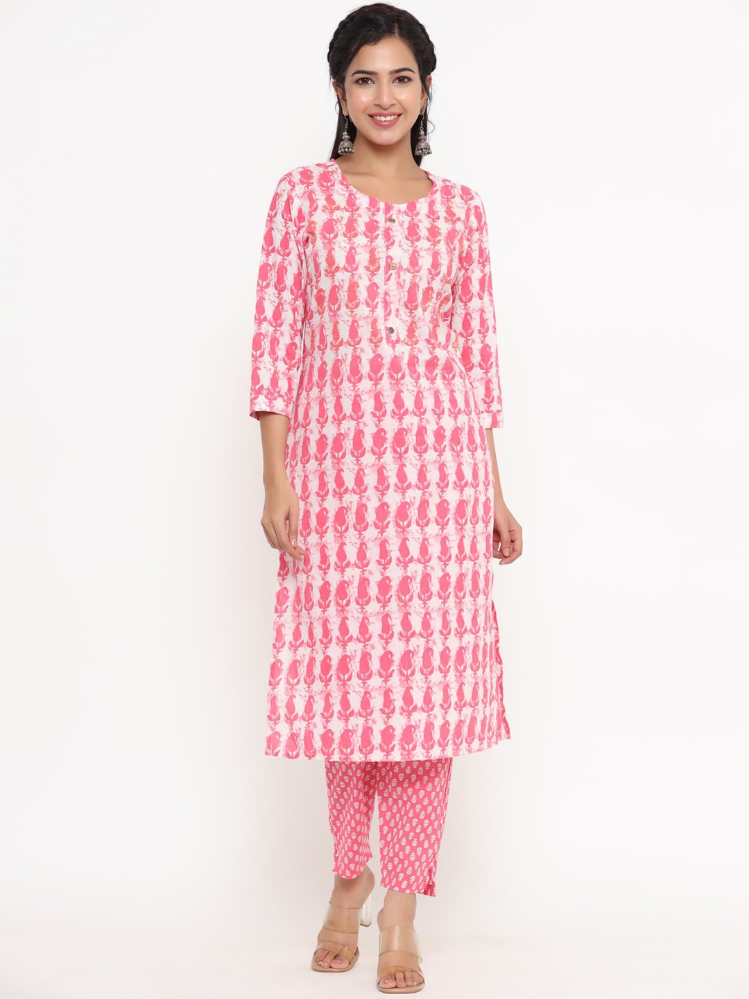 

Yufta Women Pink Floral Printed Pure Cotton Kurta With Trousers