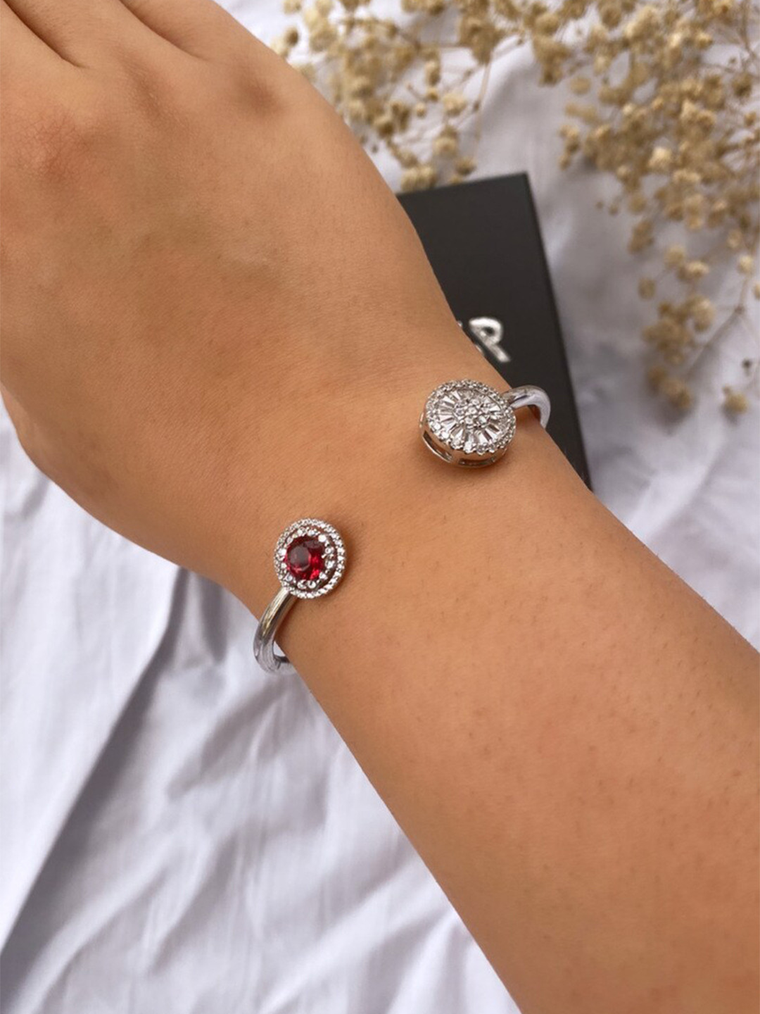 

ZILVER Women White & Red Sterling Silver Cubic Zirconia Handcrafted Silver-Plated Wraparound Bracelet