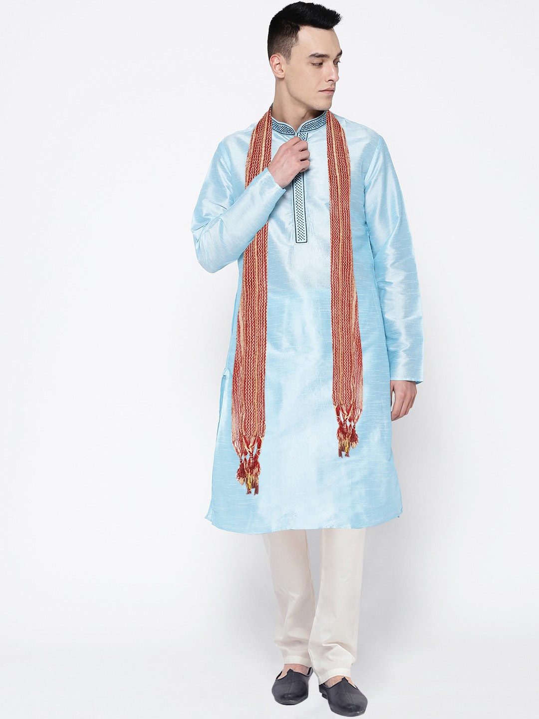 

SG LEMAN Men Turquoise Blue Raw Silk Kurta with Churidar & With Dupatta