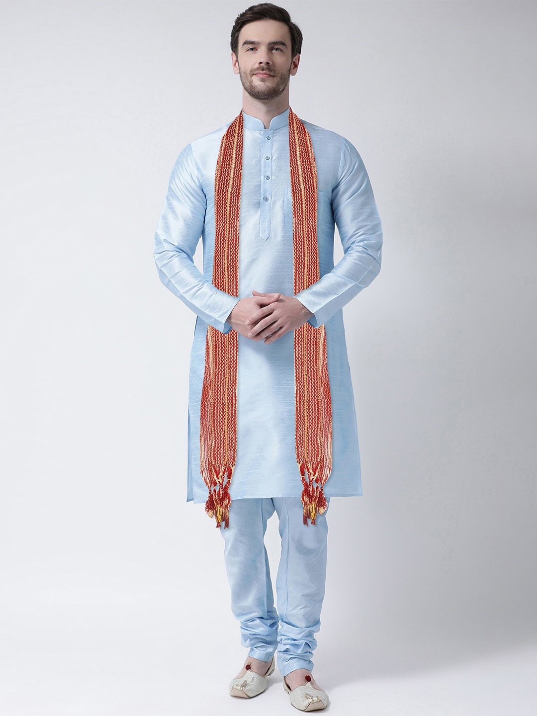 

SG LEMAN Men Turquoise Blue Embroidered Layered Raw Silk Kurta with Churidar & With Dupatta