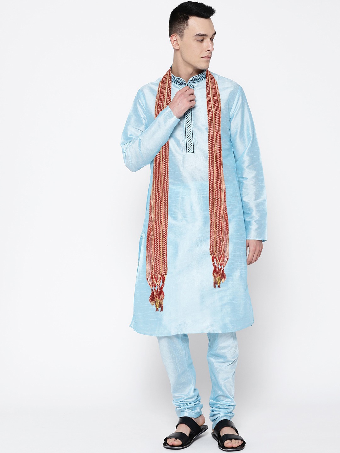 

SG LEMAN Men Turquoise Blue Layered Raw Silk Kurta with Churidar & With Dupatta