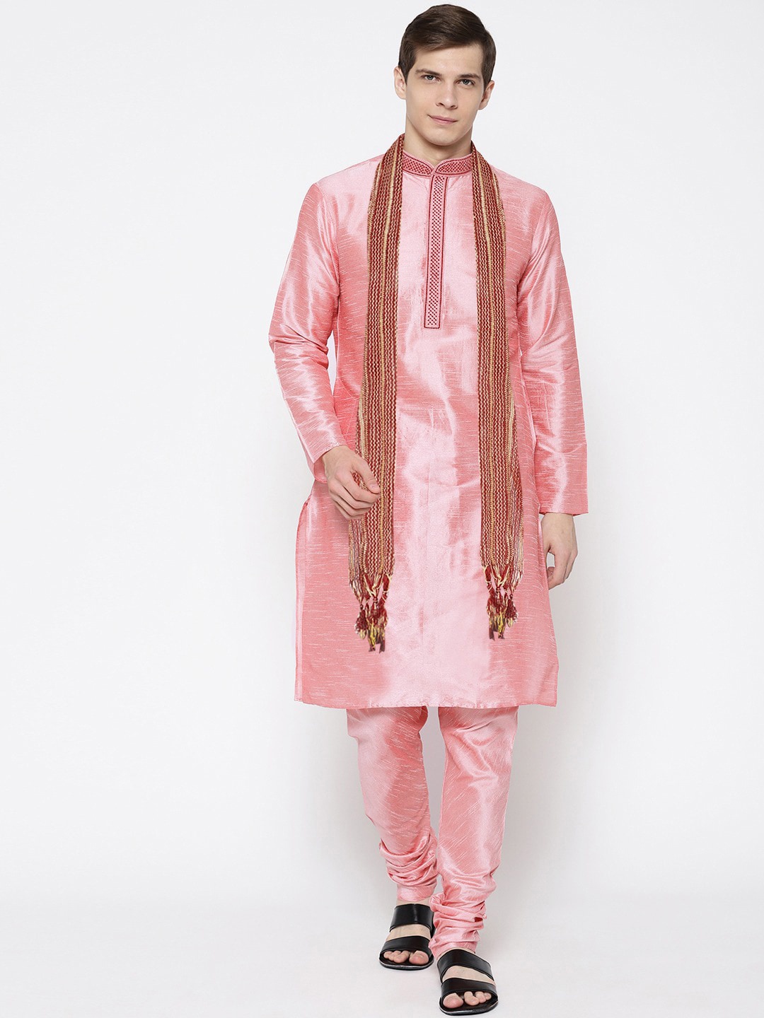 

SG LEMAN Men Peach-Coloured Pleated Raw Silk Kurta with Churidar & With Dupatta