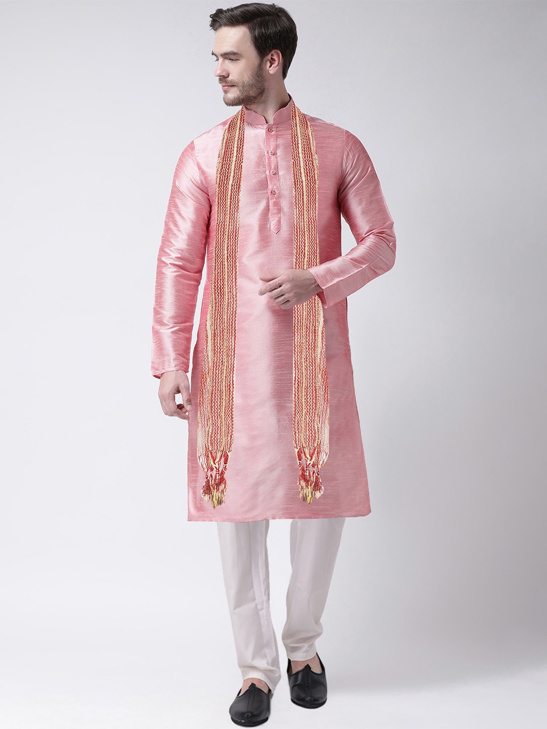 

SG LEMAN Men Peach-Coloured Raw Silk Kurta with Churidar & With Dupatta