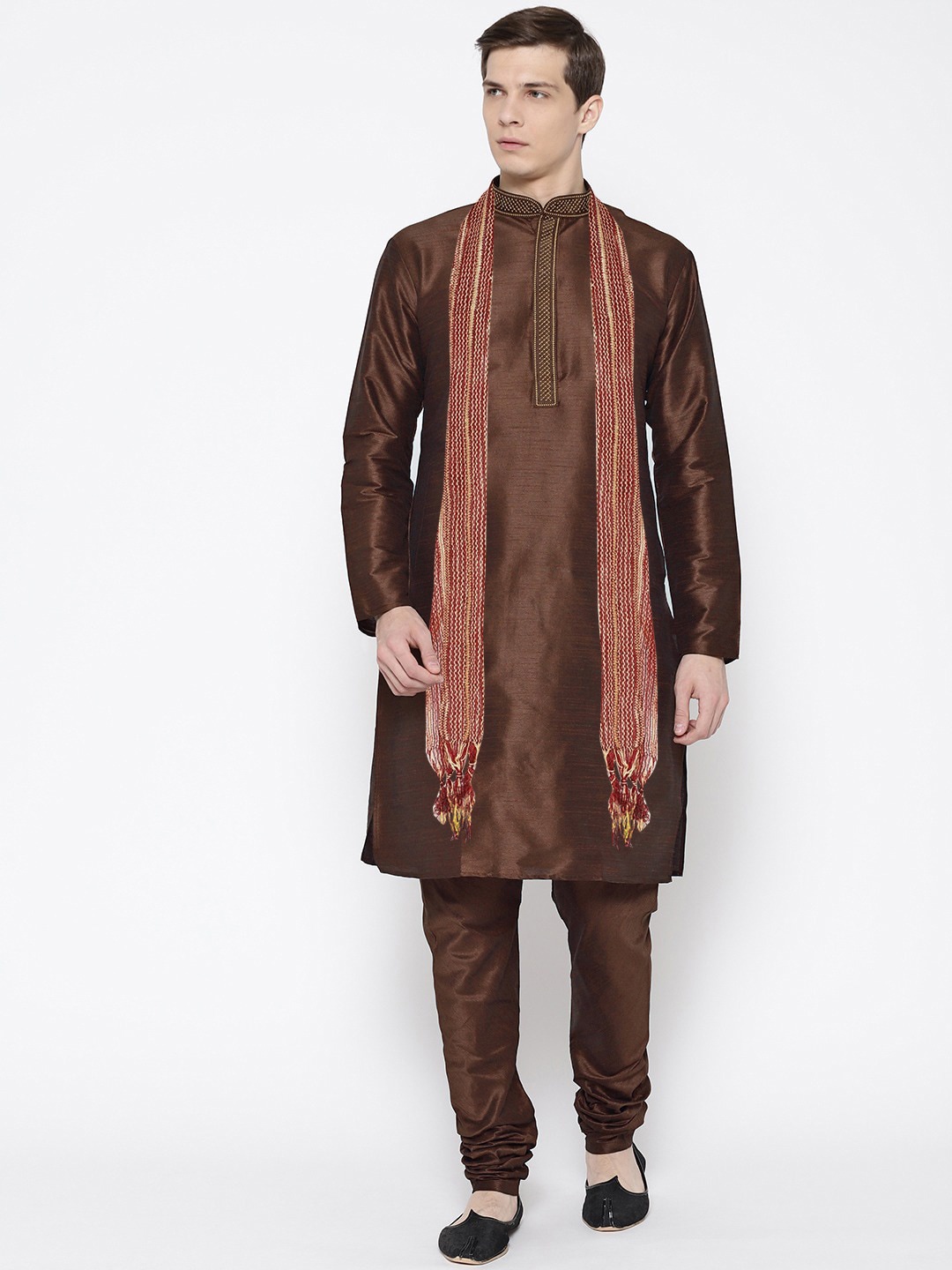 

SG LEMAN Men Brown Ethnic Motifs Raw Silk Kurta with Churidar & With Dupatta