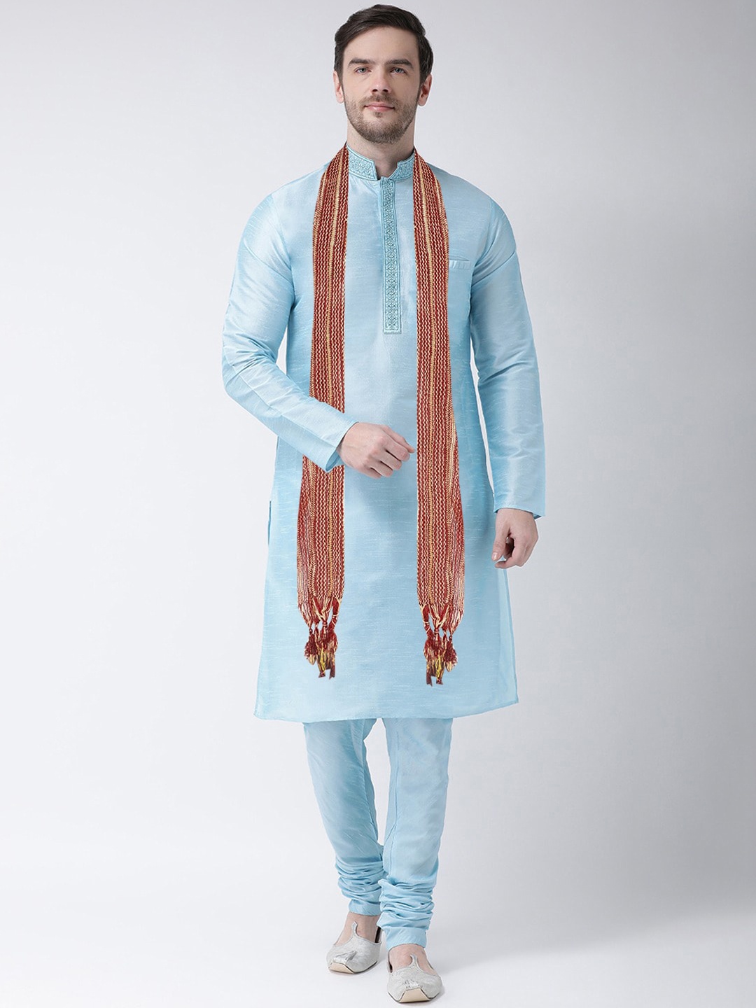 

SG LEMAN Men Turquoise Blue Embroidered Panelled Raw Silk Kurta with Churidar & With Dupatta