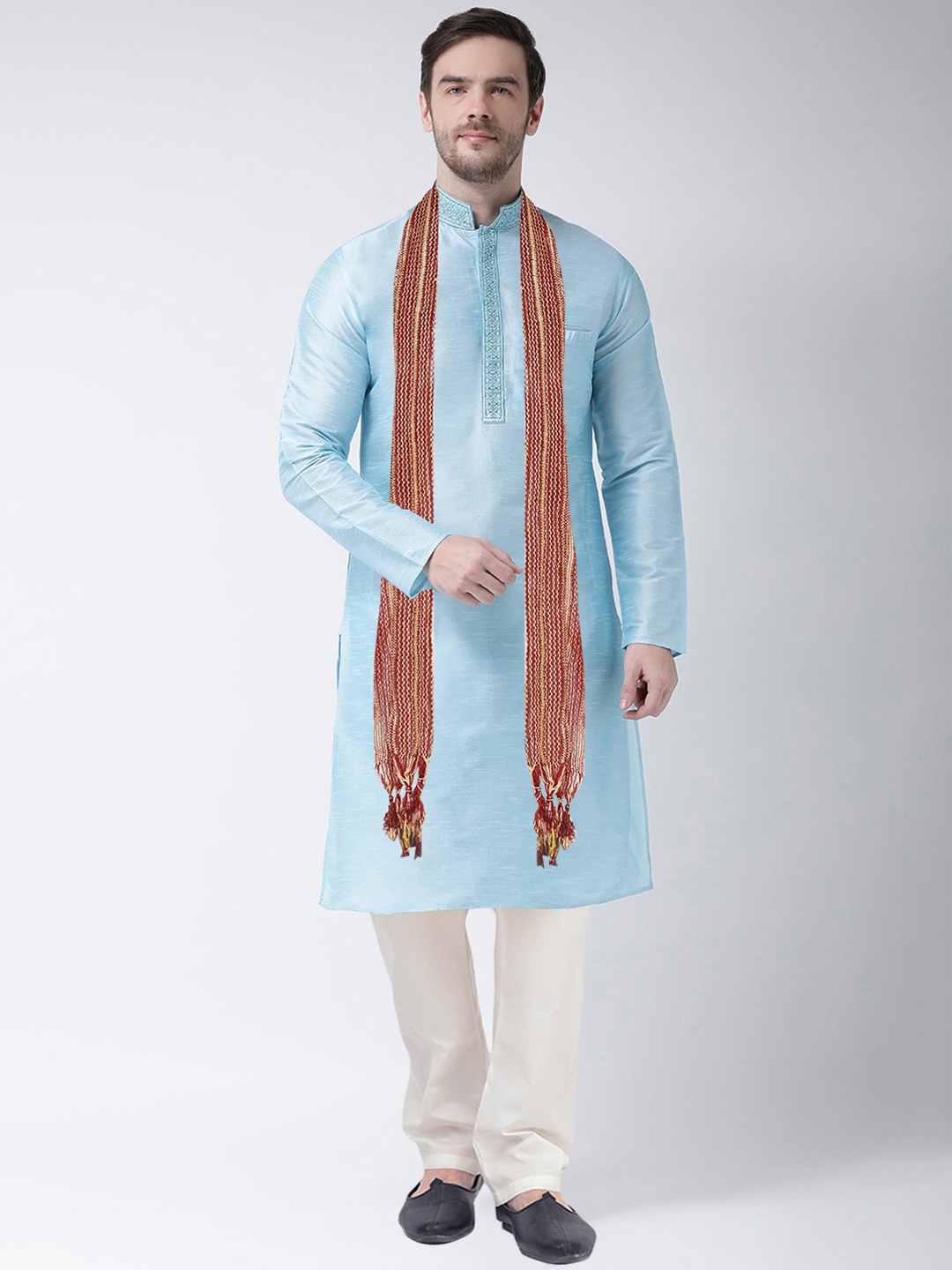

SG LEMAN Men Turquoise Blue Panelled Raw Silk Kurta with Pyjamas & With Dupatta
