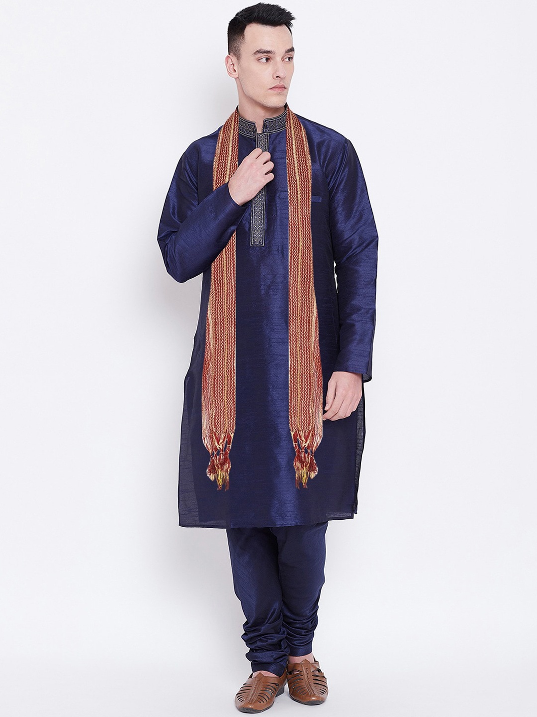 

SG LEMAN Men Navy Blue Embroidered Layered Raw Silk Kurta with Churidar & With Dupatta