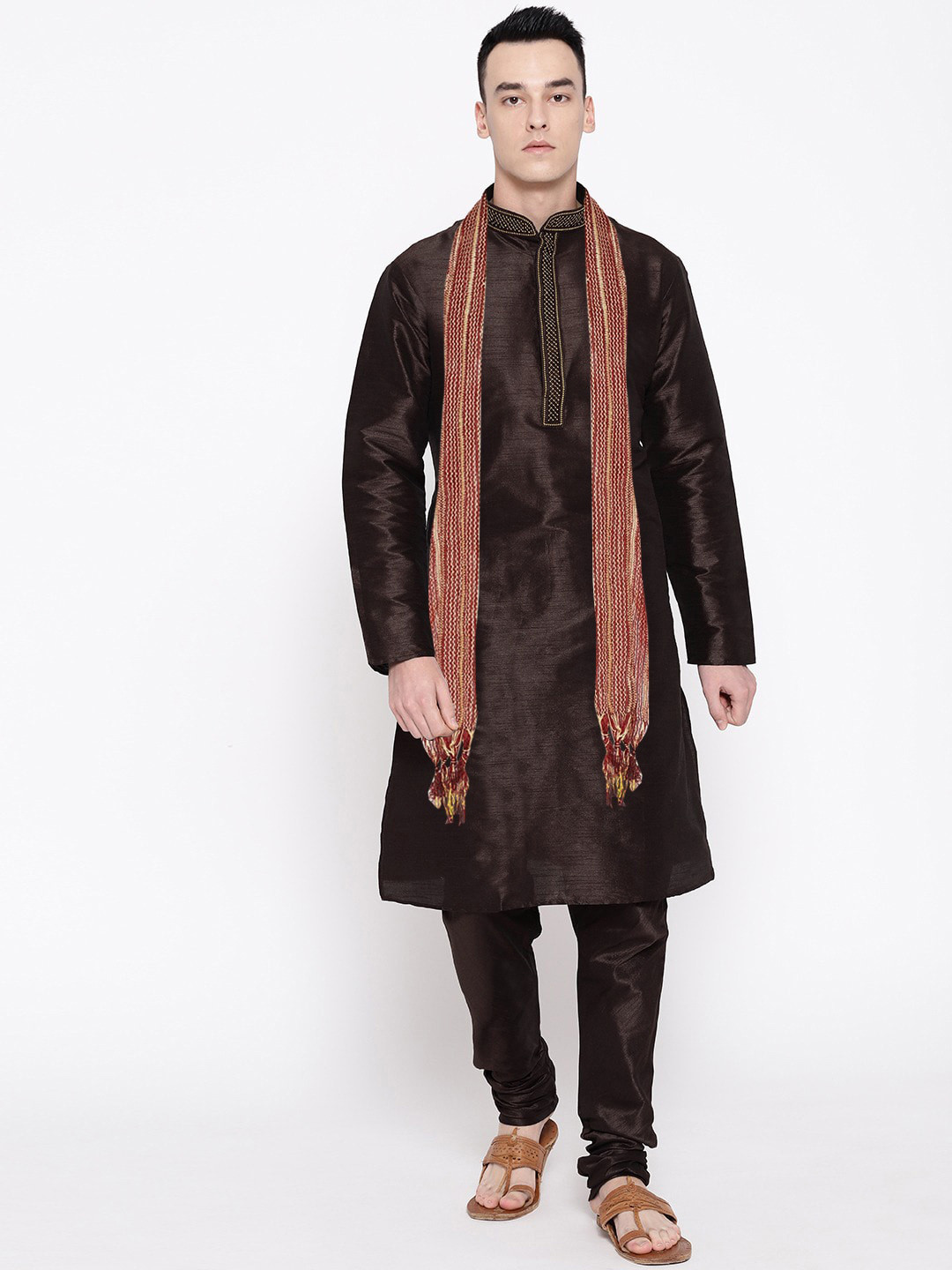 

SG LEMAN Men Coffee Brown Raw Silk Kurta with Pyjamas & With Dupatta