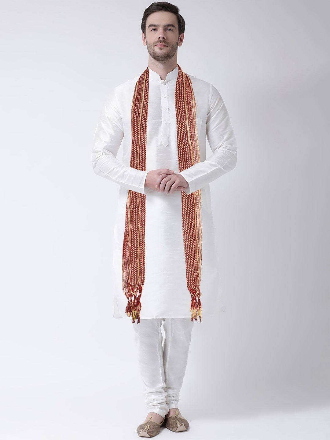 

SG LEMAN Men Cream-Coloured Embroidered Layered Raw Silk Kurta with Churidar & With Dupatta