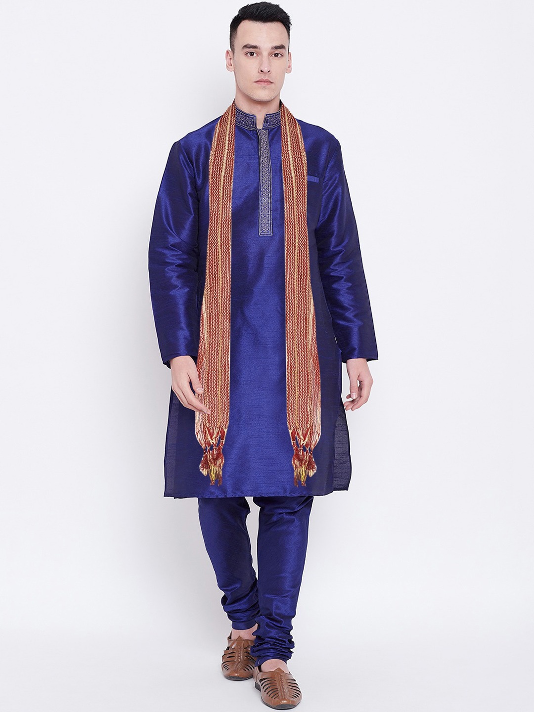 

SG LEMAN Men Blue Embroidered Layered Raw Silk Kurta with Churidar & With Dupatta