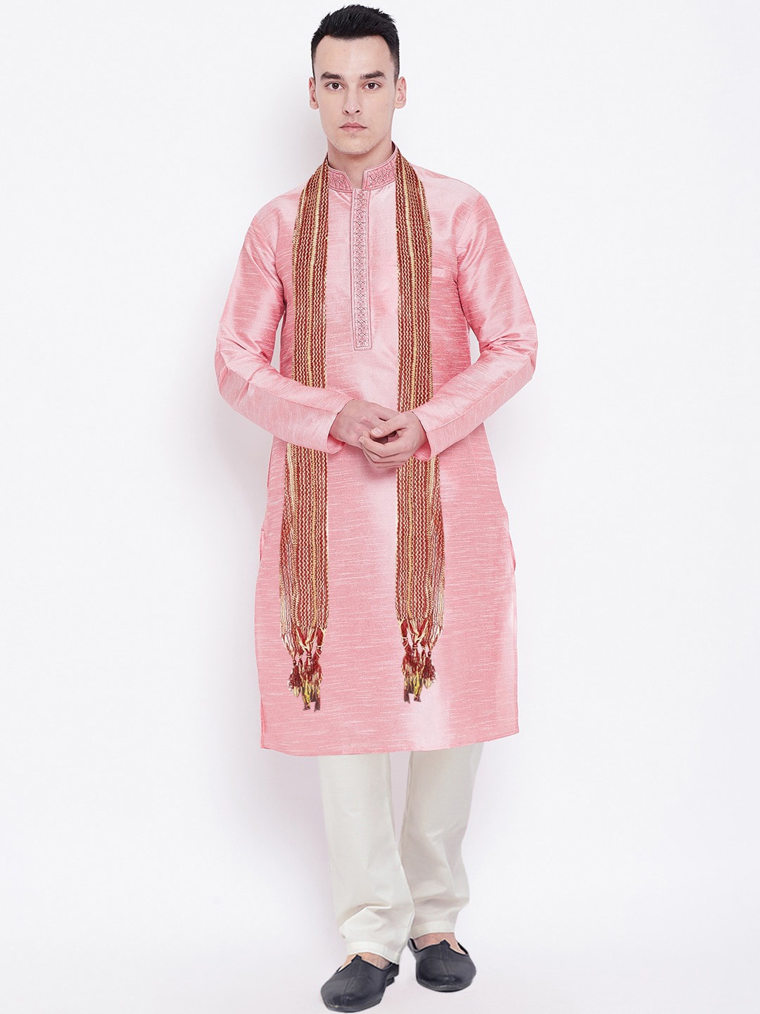 

SG LEMAN Men Peach-Coloured Floral High Slit Raw Silk Kurta with Churidar & With Dupatta