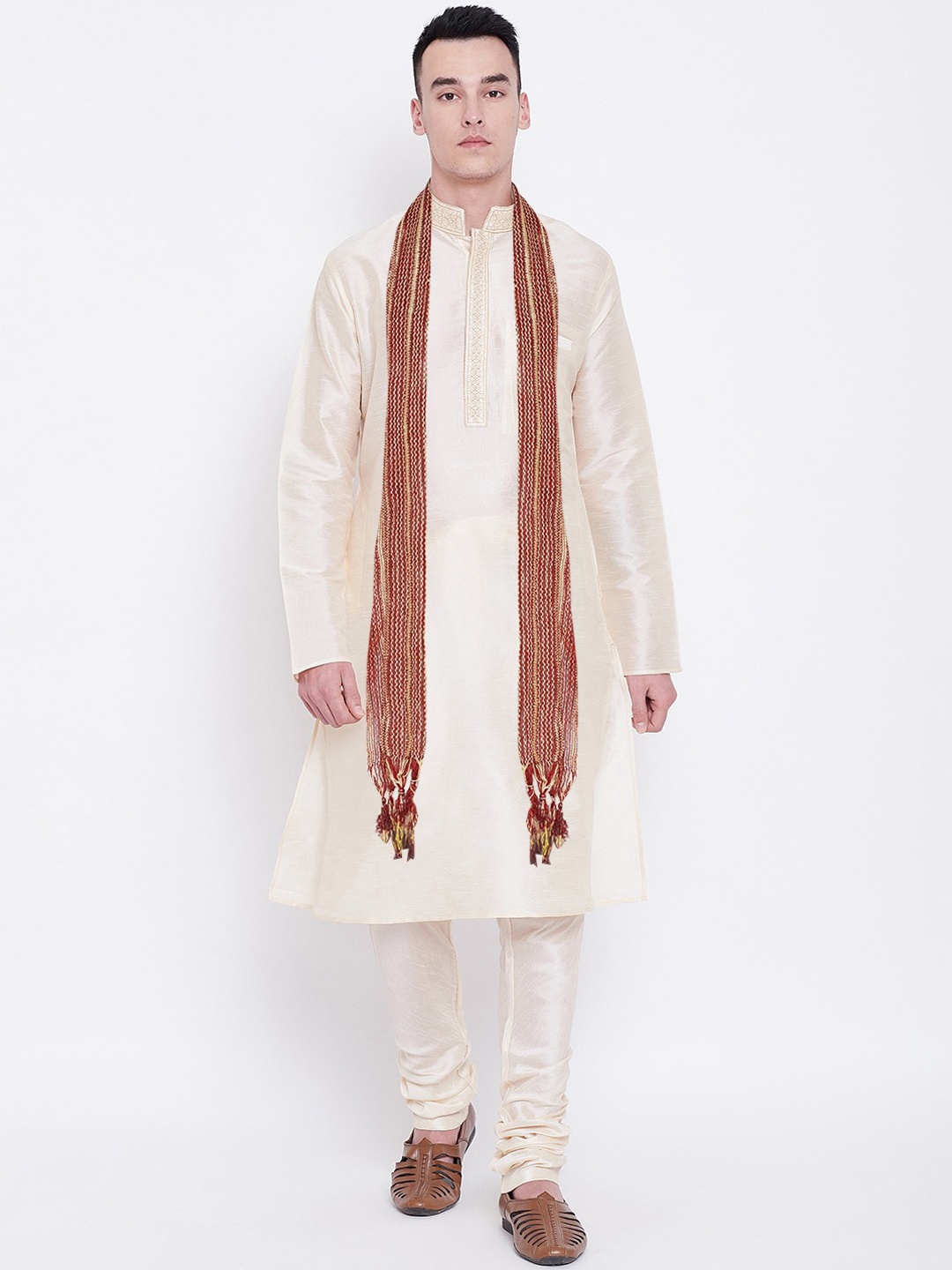 

SG LEMAN Men Cream-Coloured Embroidered Empire Raw Silk Kurta with Churidar & With Dupatta