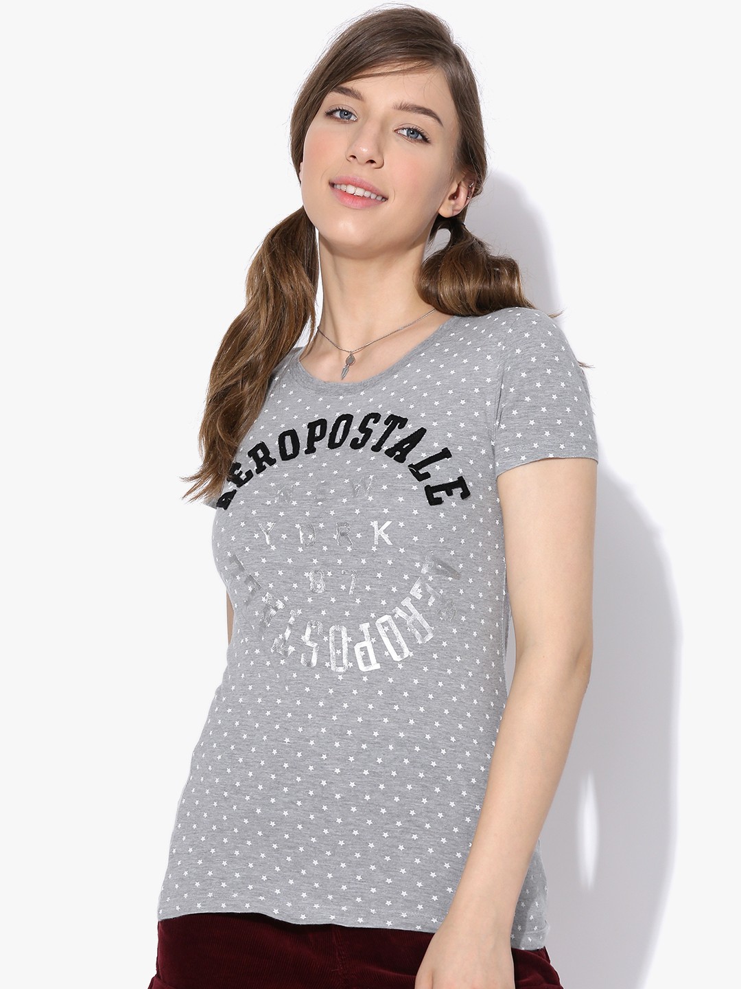 

Aeropostale Women Grey Melange Printed Round-Neck T-shirt