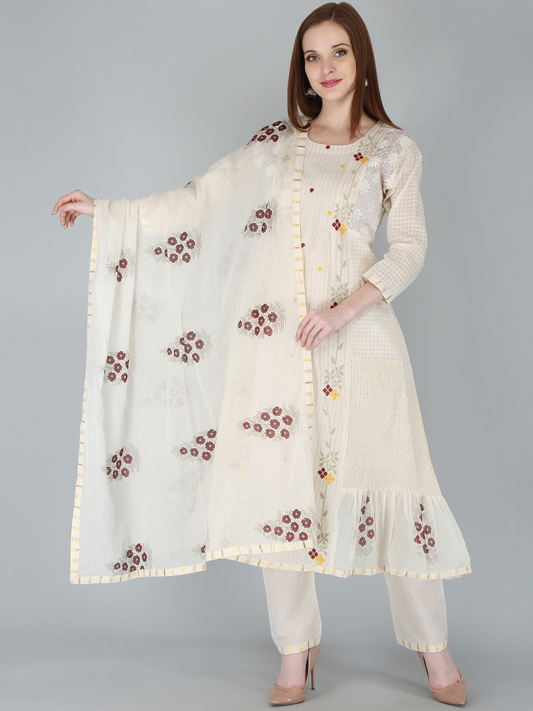 

KALINI Women White Layered Gotta Patti Pure Cotton Kurta with Churidar & With Dupatta