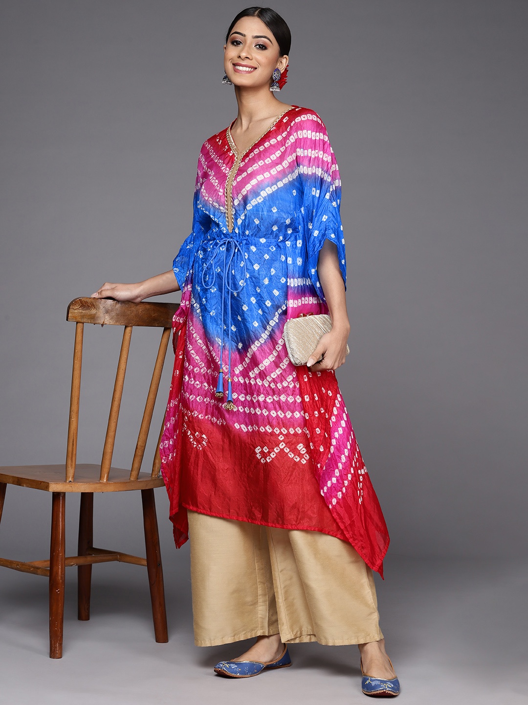 

Varanga Women Blue & Pink Bandhani Printed Kimono Sleeves Jacquard Kaftan Kurta
