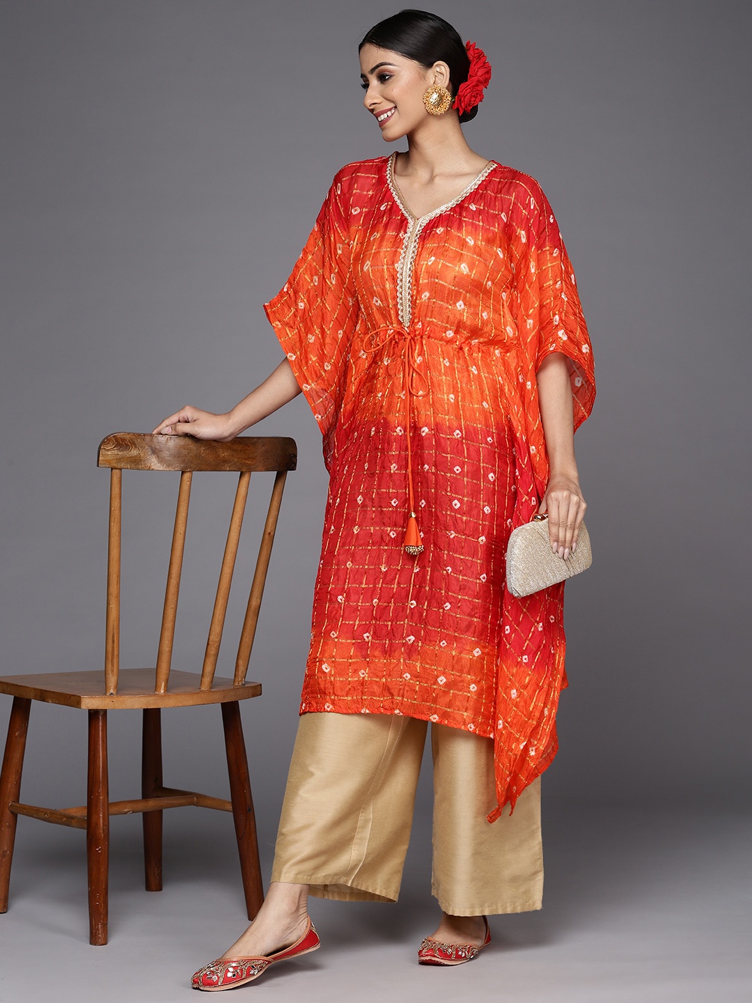 

Varanga Women Maroon & Orange Bandhani Printed Kimono Sleeves Jacquard Kaftan Kurta