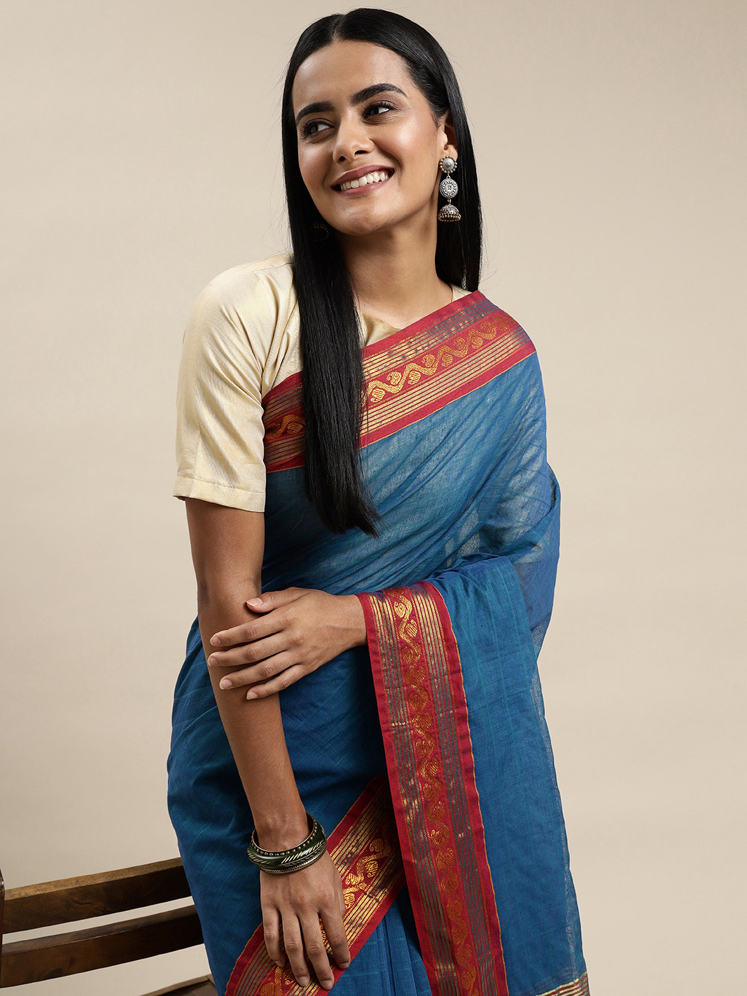 

KALINI Teal Blue Striped Pure Cotton Narayan Peth Saree