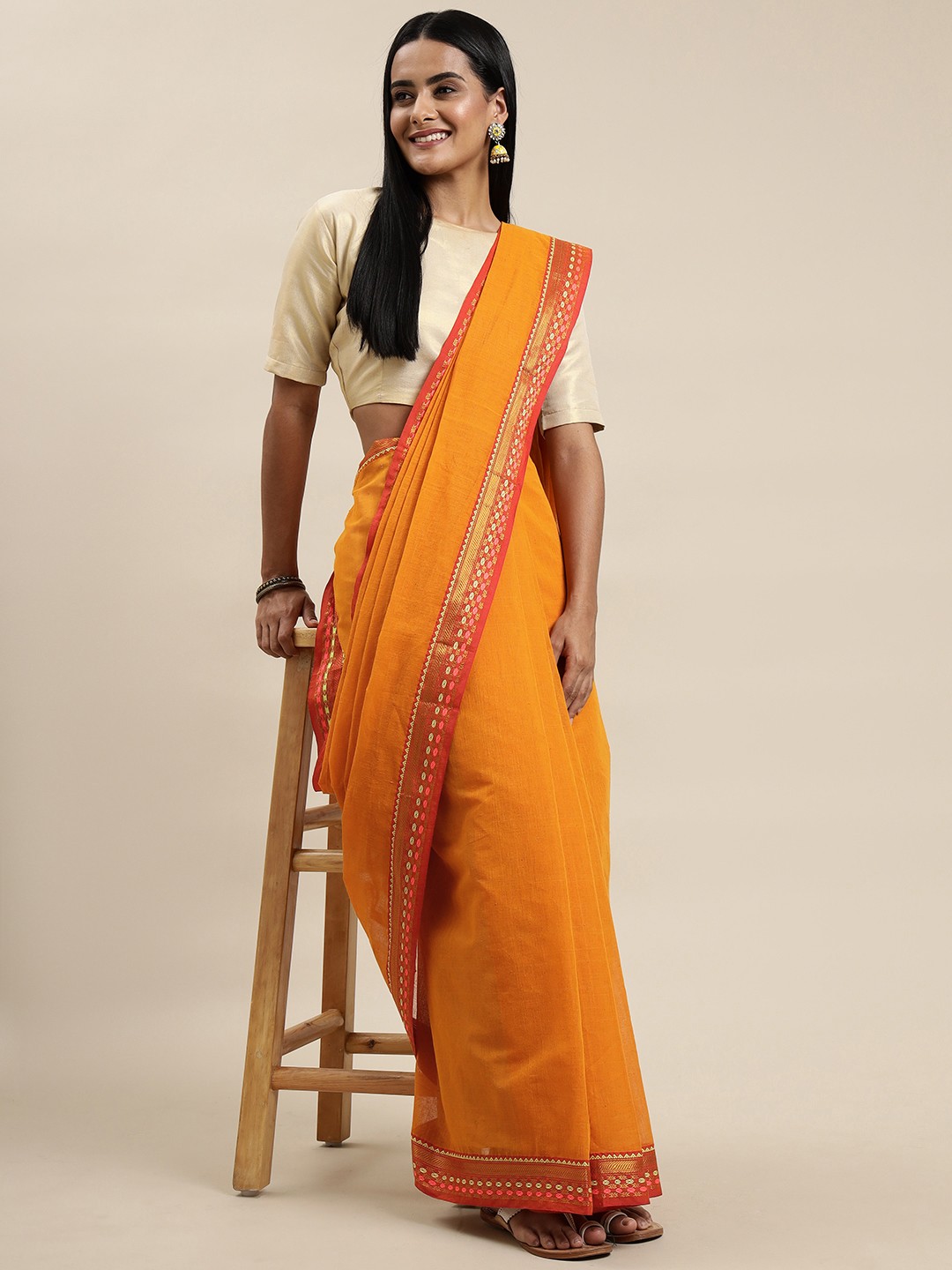

KALINI Orange Solid Pure Cotton Narayan Peth Saree