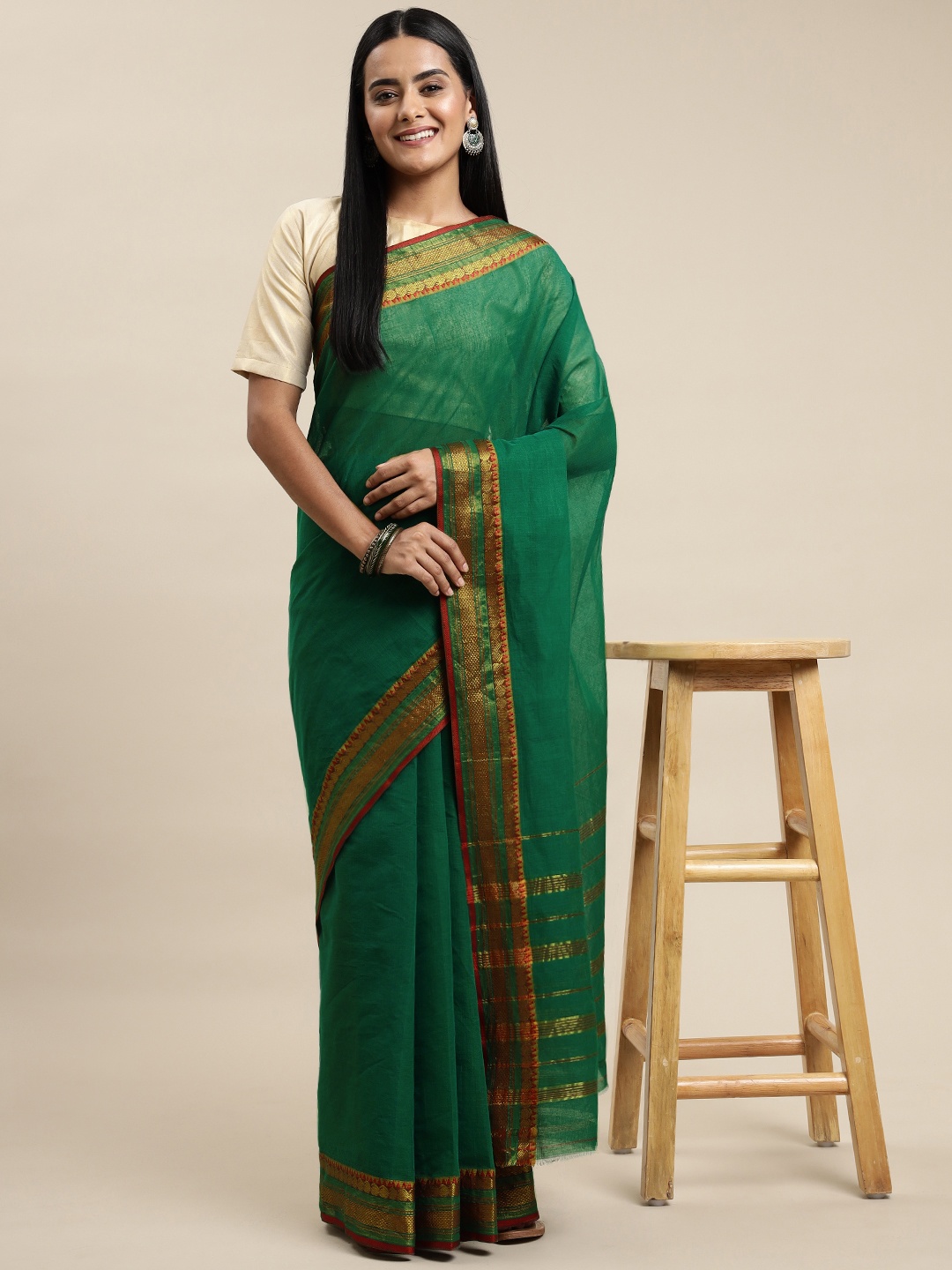 

KALINI Green Solid Pure Cotton Narayan Peth Saree