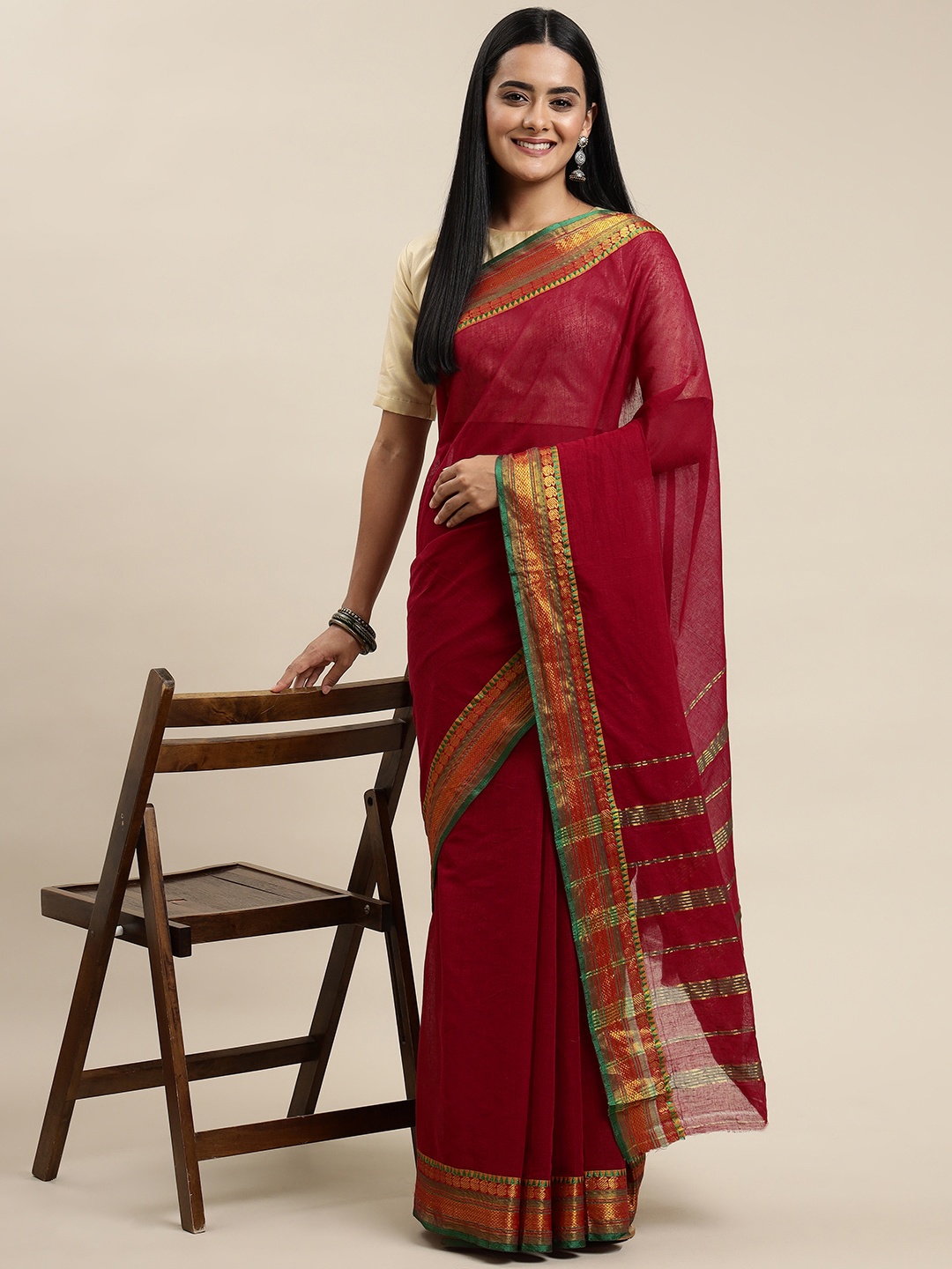 

KALINI Maroon Solid Pure Cotton Narayan Peth Saree