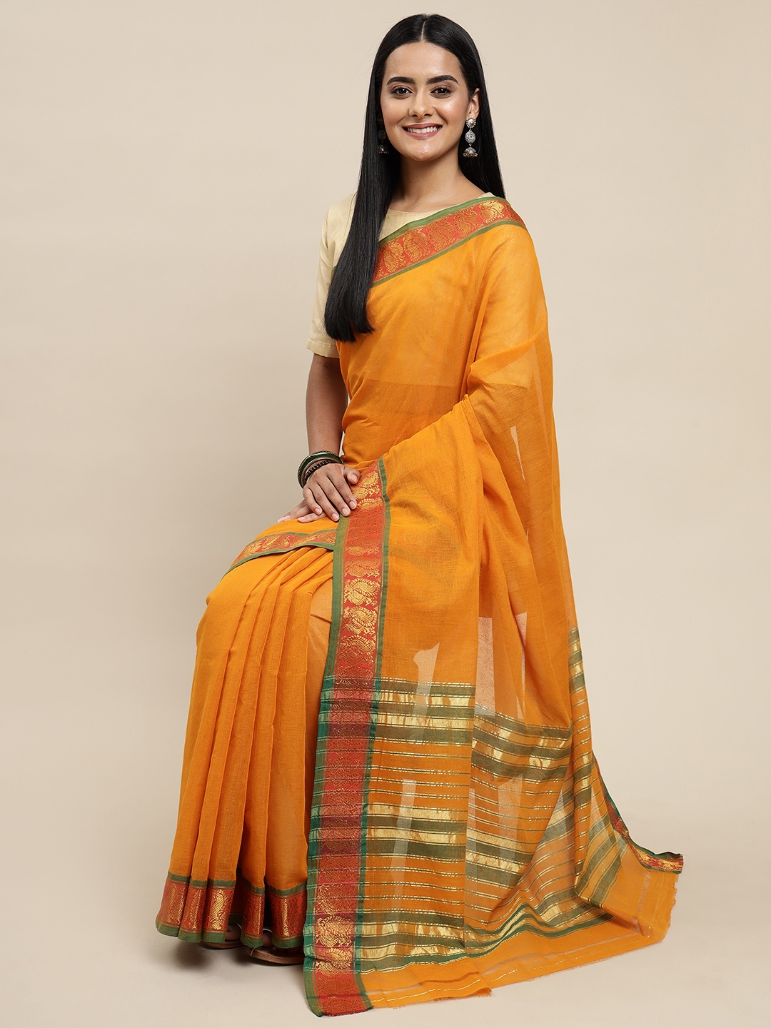 

KALINI Mustard Yellow Solid Pure Cotton Ilkal Saree