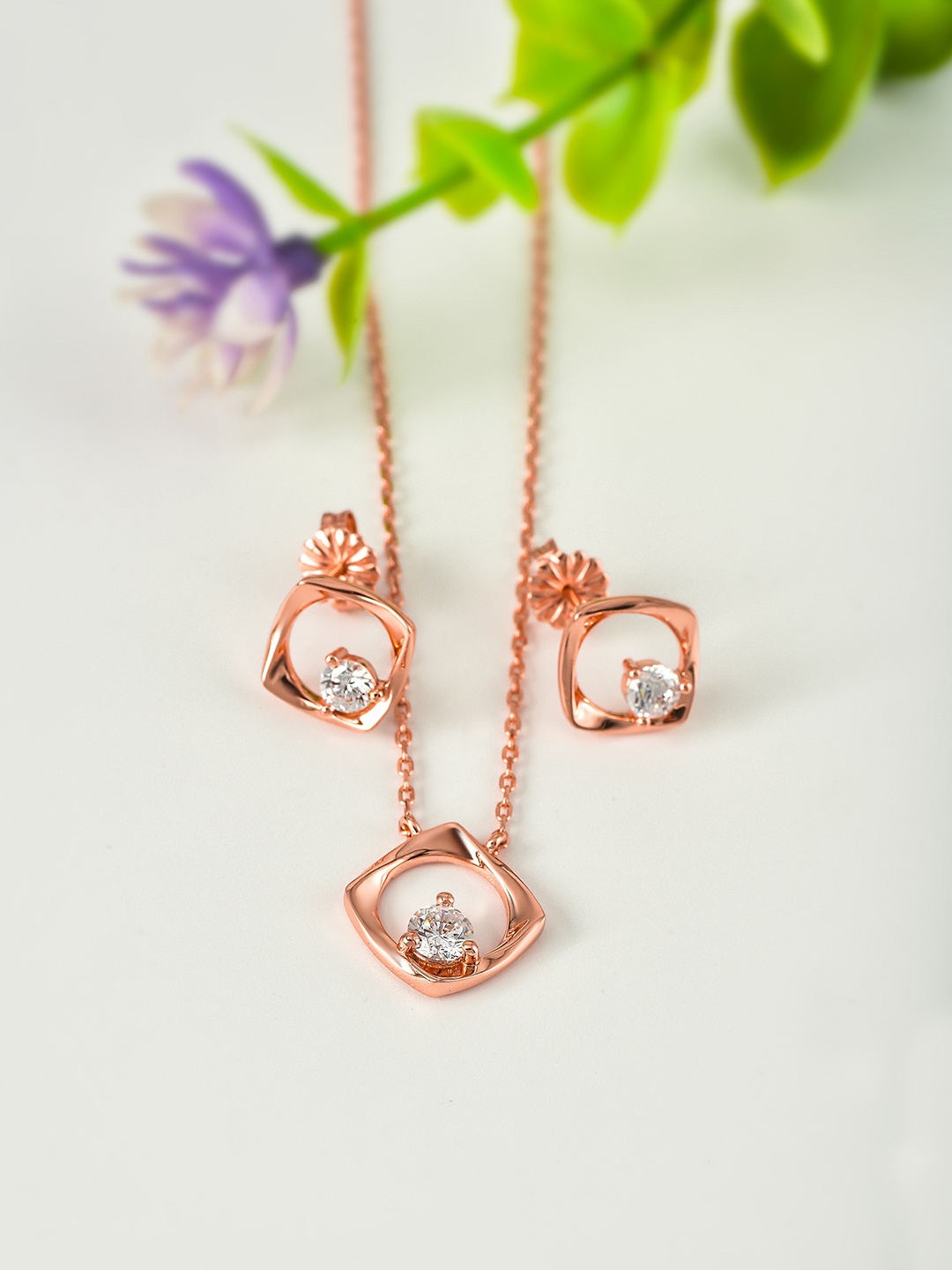 

SILBERRY 925 Sterling Silver Rose Gold-Plated White CZ-Stone Studded Pendant With Chain