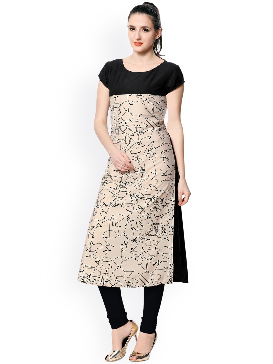 

Vaamsi Women Beige & Black Digital Print Straight Kurta