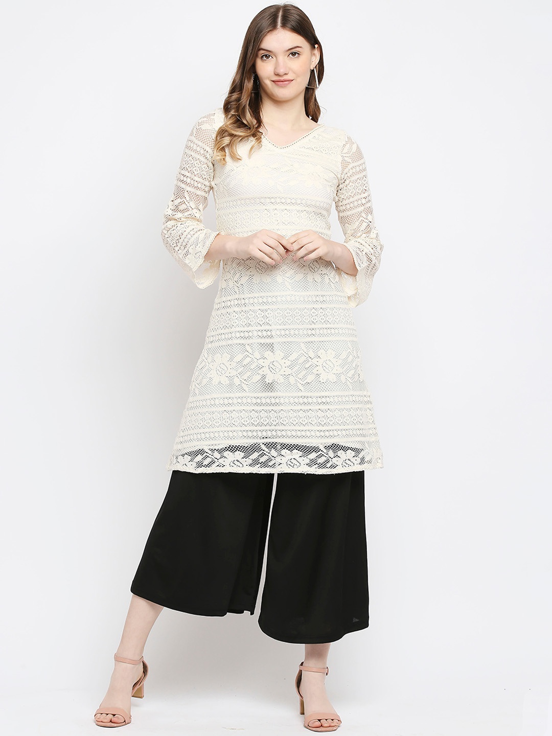 

Ira Soleil Women Cream-Coloured Geometric Flared Sleeves White Romance Kurta