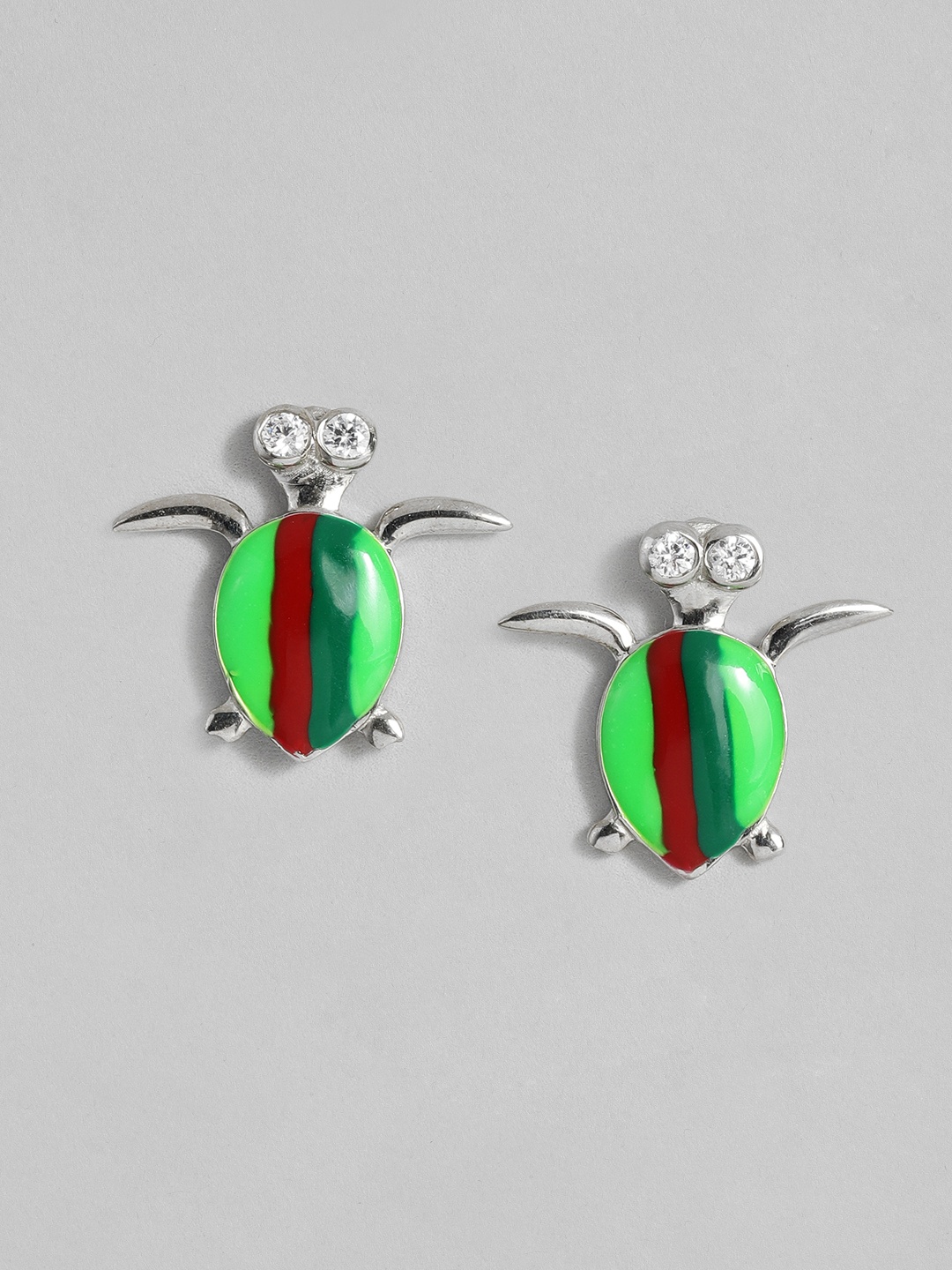 

Onaifa Green & Red Rhodium-Plated CZ Studded Enamelled Quirky Studs, Silver