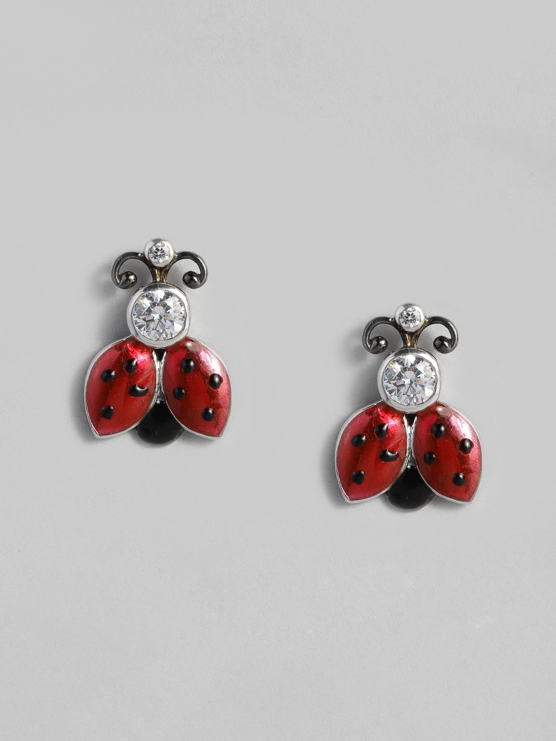

Onaifa 925 Sterling Silver Red & Black Rhodium-Plated CZ Studded Enamelled Quirky Studs