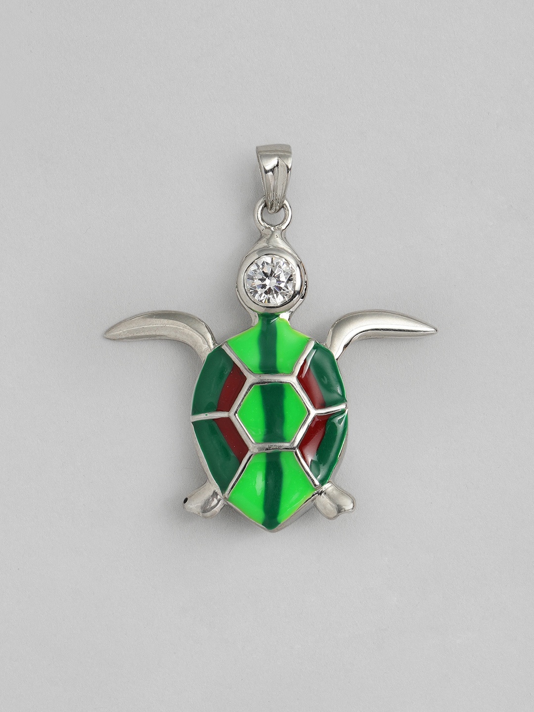 

Onaifa Rose Silver-Toned & Green Sterling Silver-Plated CZ-Studded Turtle Pendant